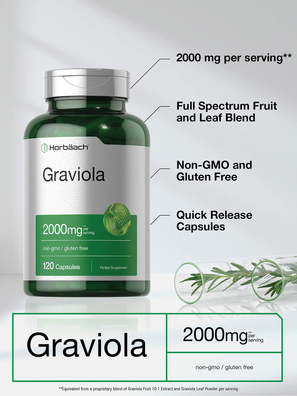 Horbäach Graviola Capsules | 2000 mg | 120 Count | Non-GMO, Gluten Free | Soursop (Annona Muricata)