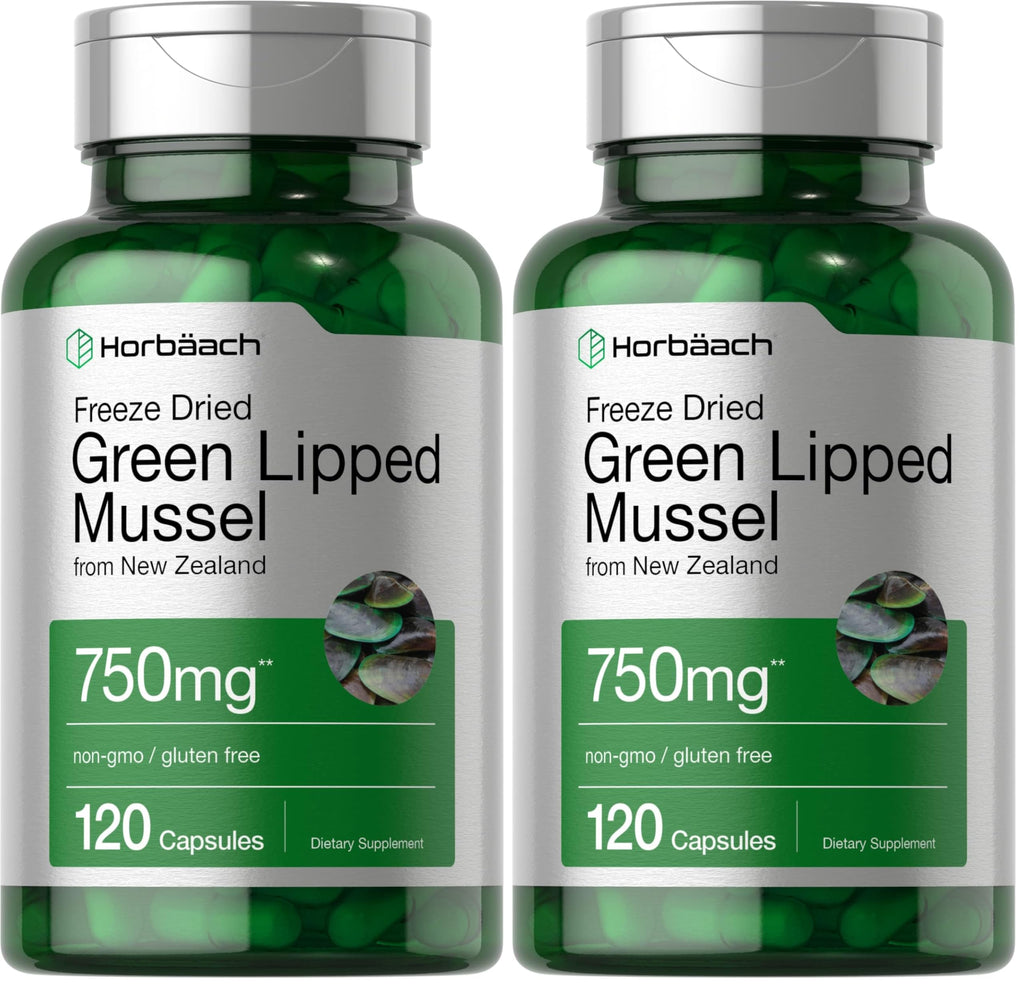 Horbäach Green Lipped Mussel 750 mg - 120 Capsules - New Zealand - Premium Freeze-Dried Mussel Powder - Non-GMO & Gluten Free (Pack of 2)