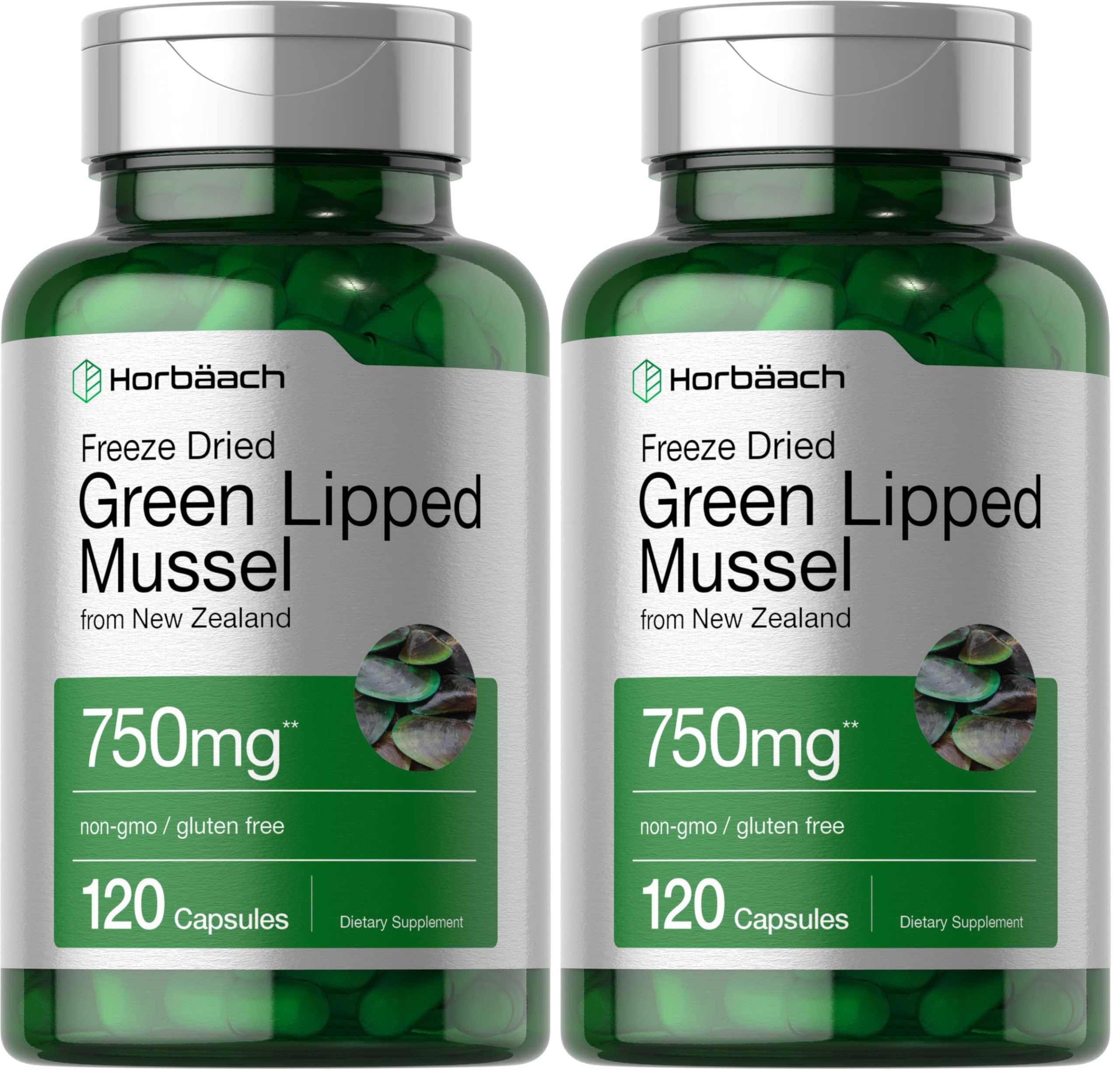 Horbäach Green Lipped Mussel 750 mg - 120 Capsules - New Zealand - Premium Freeze-Dried Mussel Powder - Non-GMO & Gluten Free (Pack of 2)