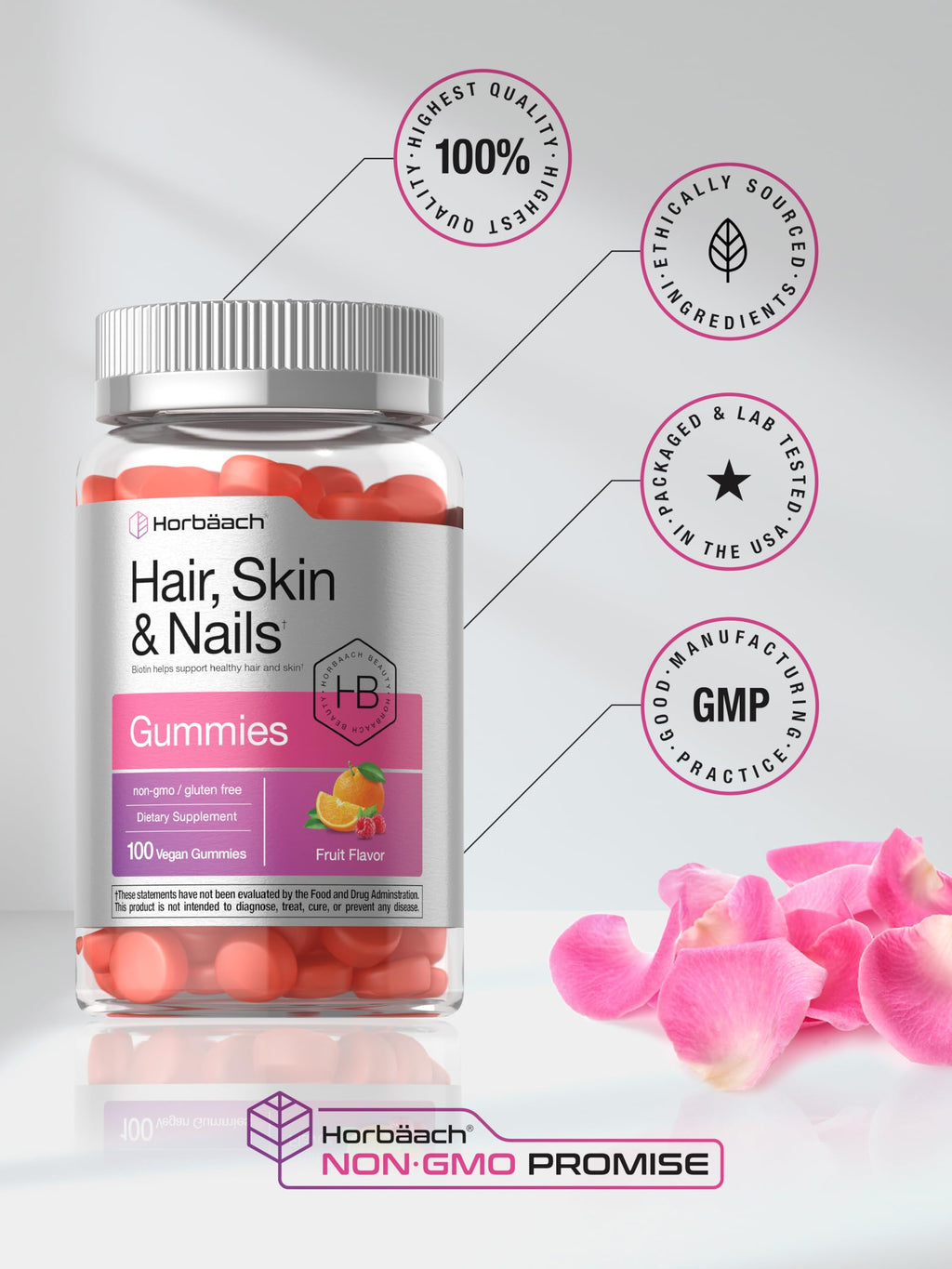 Horbäach Hair, Skin & Nails Gummies – 100 Count | Biotin | Non-GMO & Gluten Free