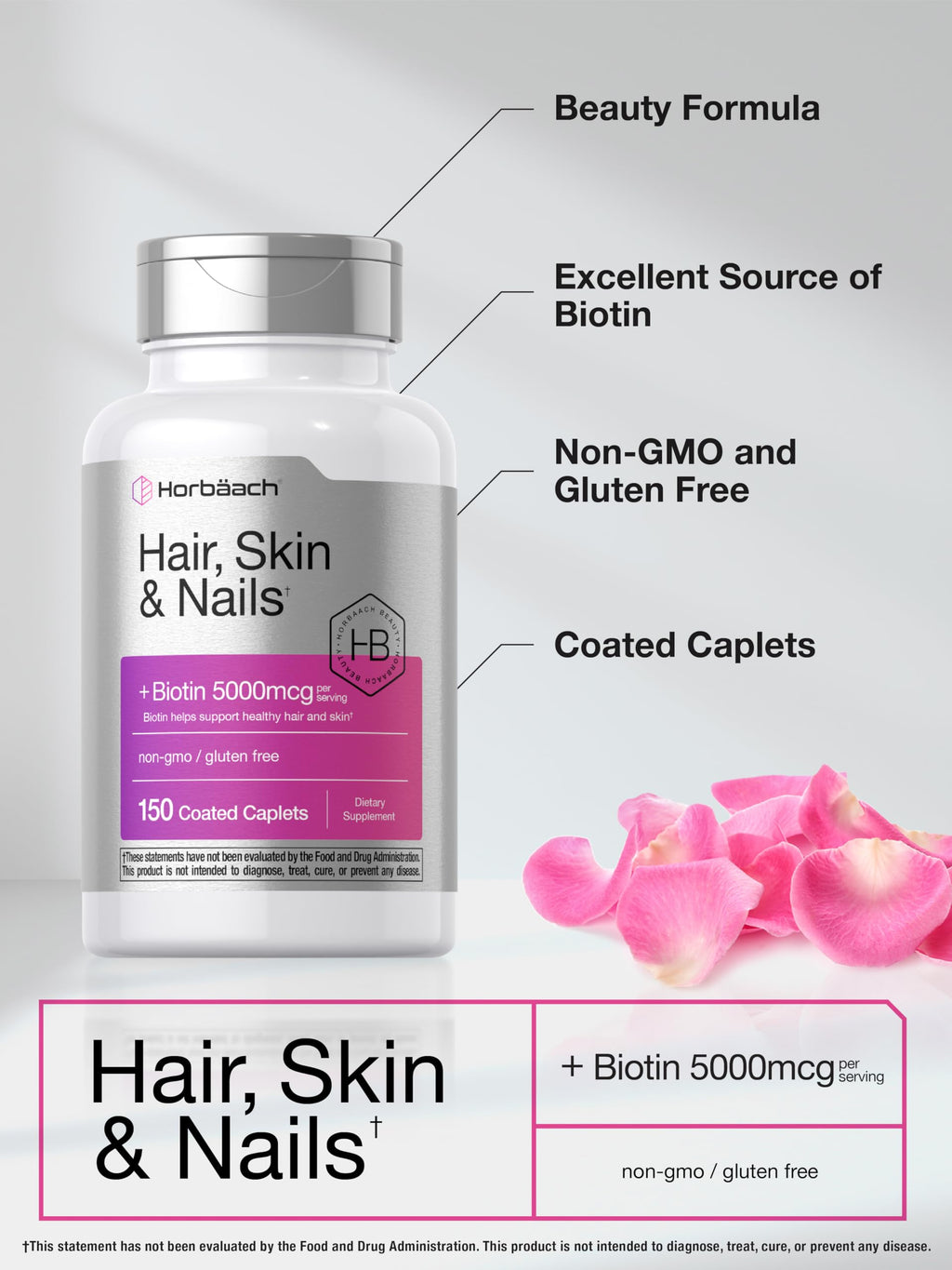 Horbäach Hair Skin & Nails Vitamins – 150 Caplets with Biotin & Collagen