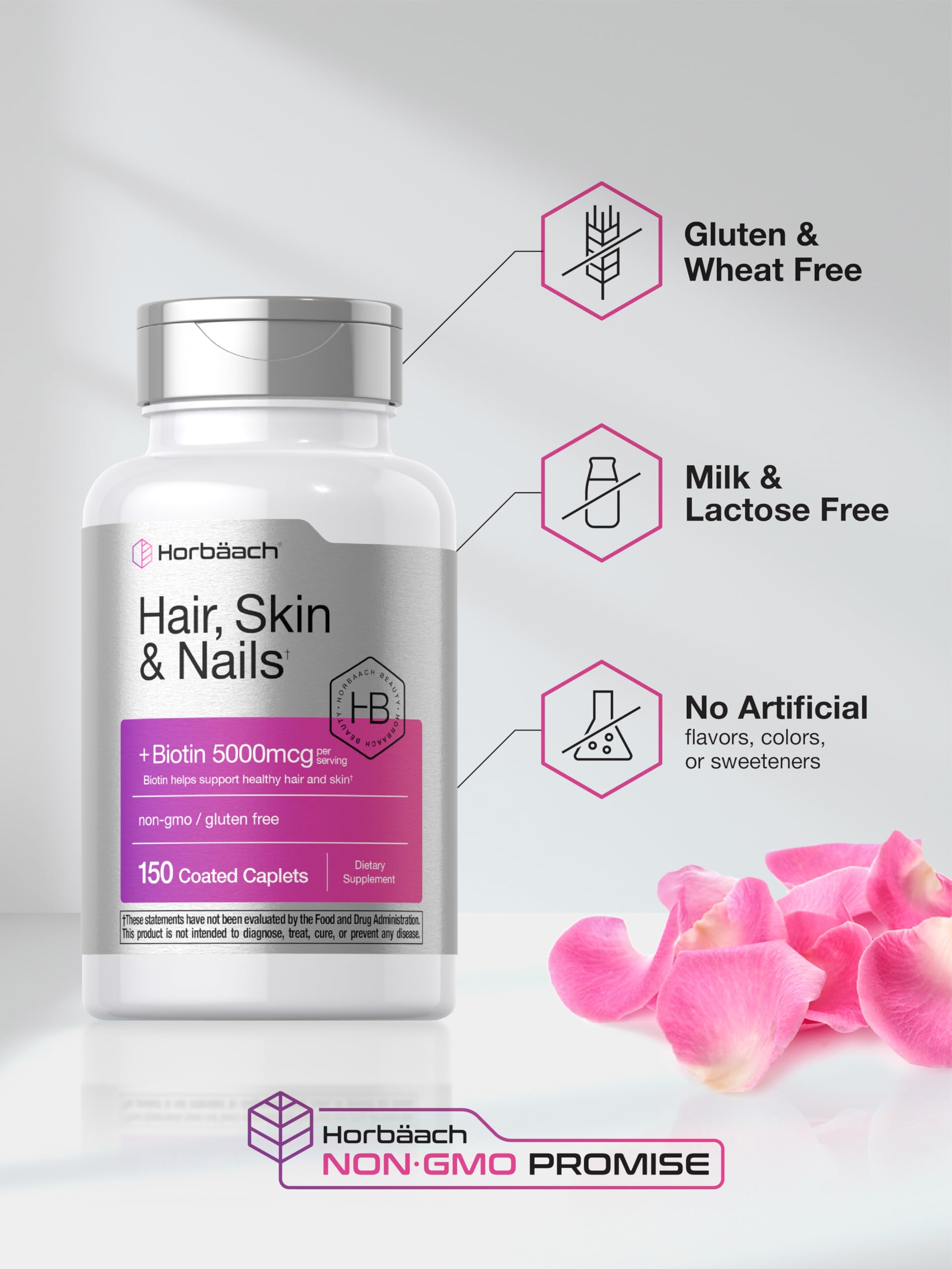 Horbäach Hair Skin & Nails Vitamins – 150 Caplets with Biotin & Collagen