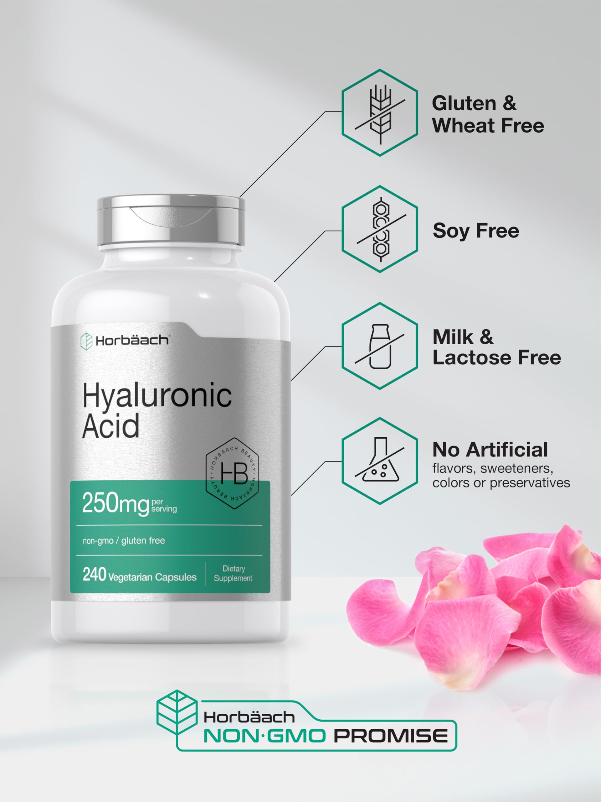 Horbäach Hyaluronic Acid Capsules 250 mg – 240 Count | Non-GMO, Gluten Free