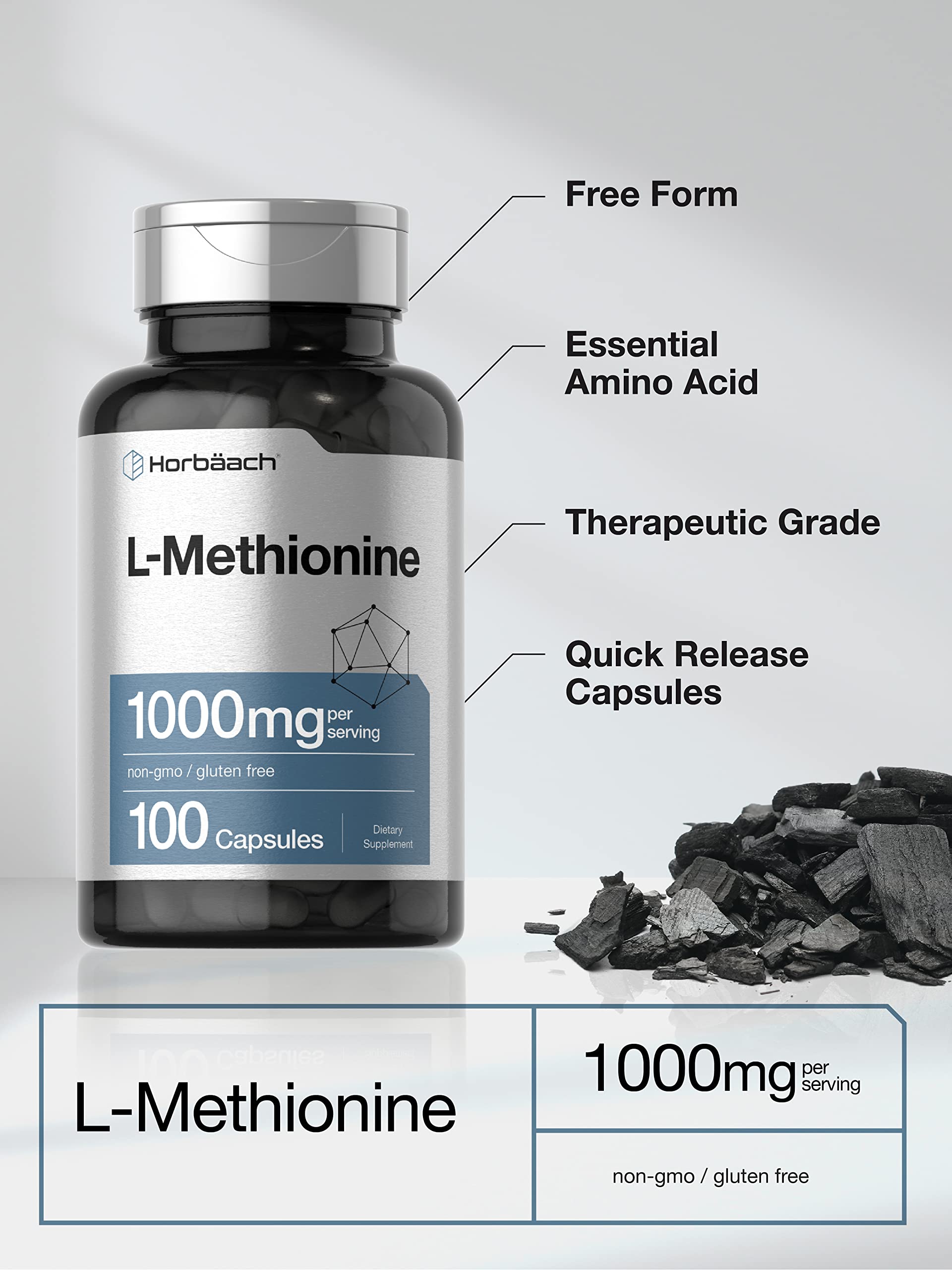 Horbäach L-Methionine 1000mg – 100 Capsules – Non-GMO, Gluten Free | Free Form Supplement