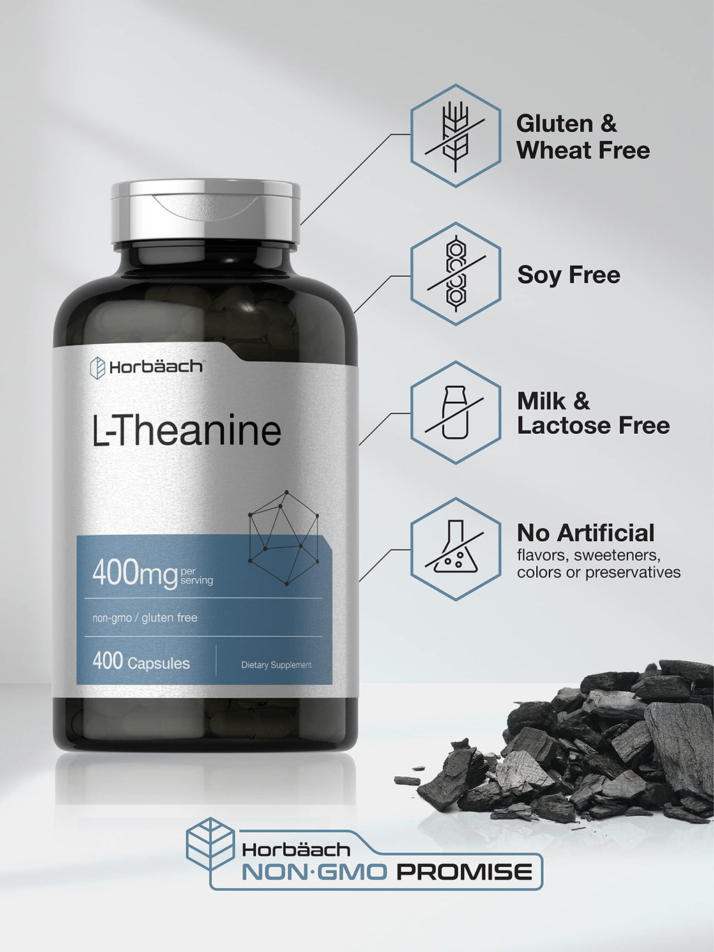 Horbäach L-Theanine 400mg | 400 Capsules | High Potency Supplement | Non-GMO & Gluten Free