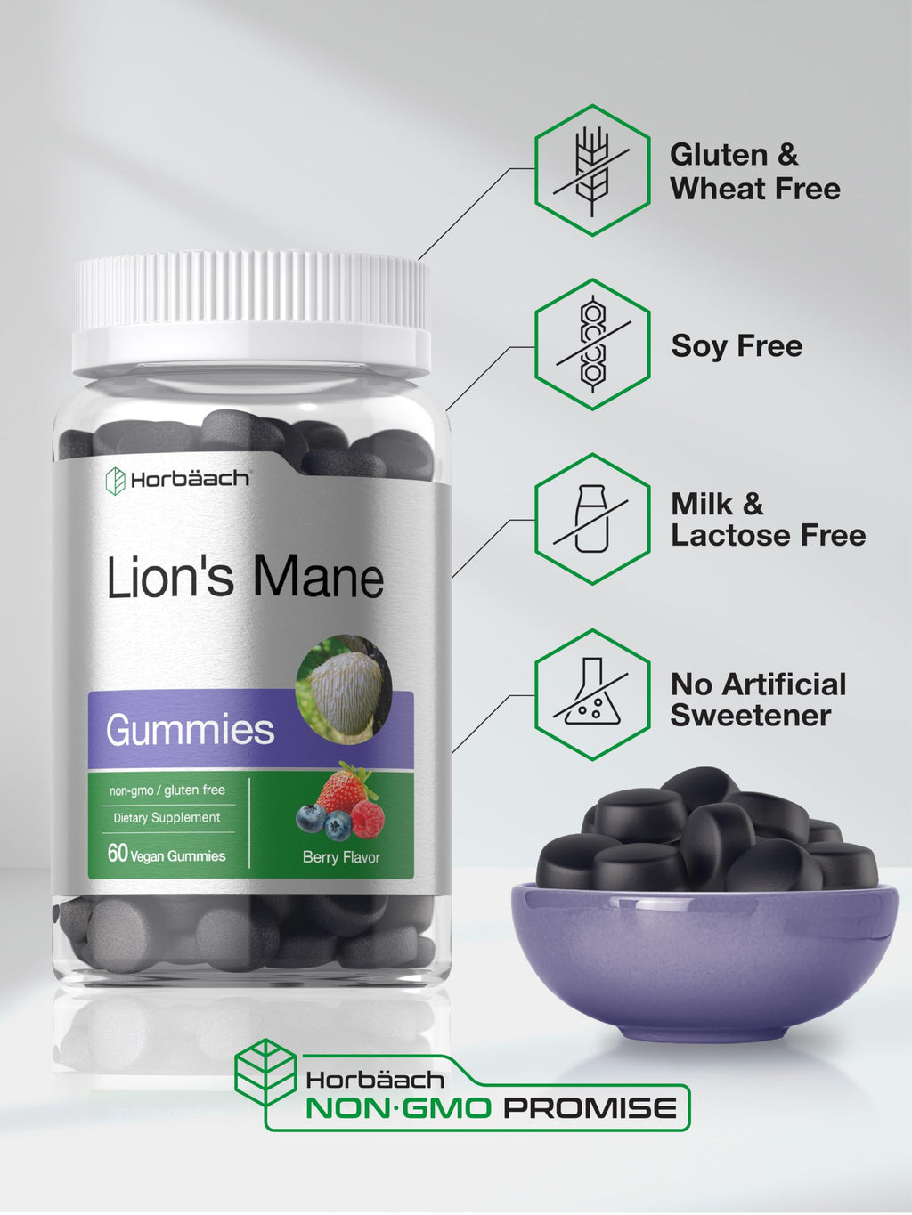 Horbäach Lion's Mane Supplement | 60 Vegan Gummies for Adults | Non-GMO and Gluten Free