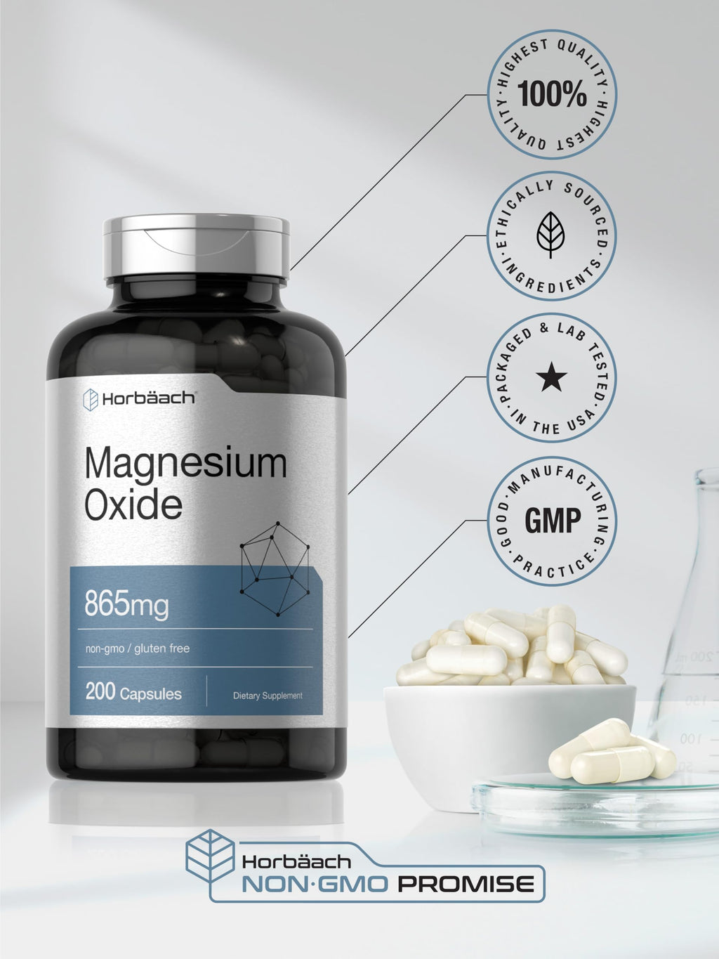 Horbäach Magnesium Oxide 865 mg | 200 Capsules | Non-GMO & Gluten Free