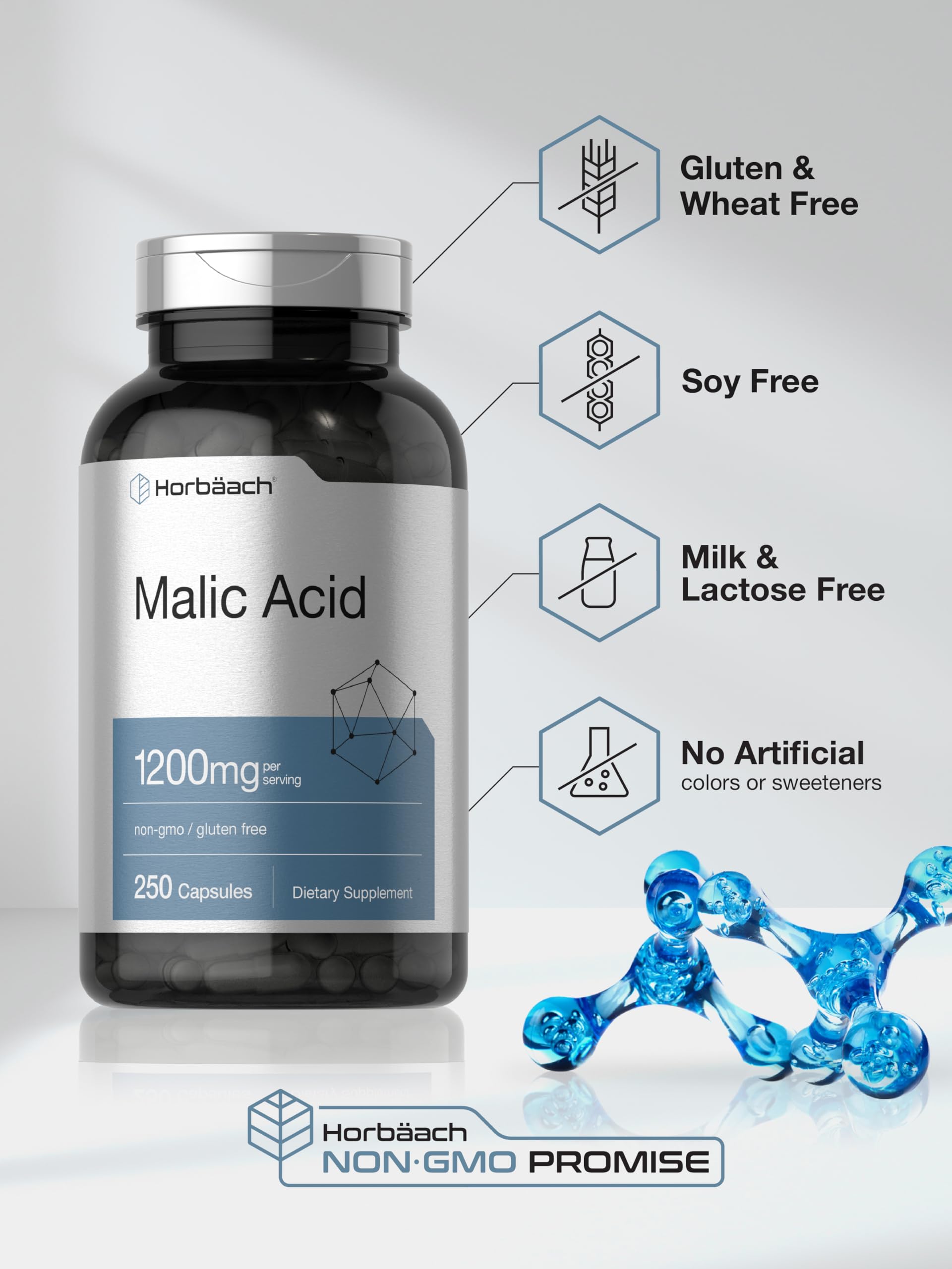 Horbäach Malic Acid Capsules 1200mg | 250 Count | Non-GMO & Gluten Free