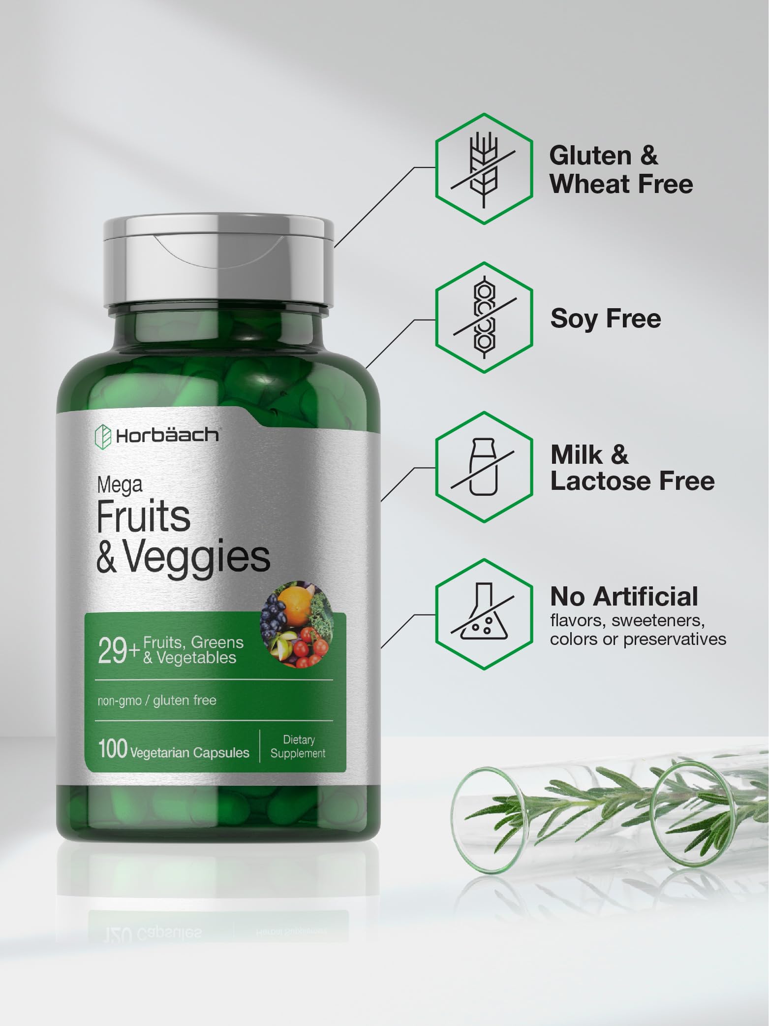 Horbäach Mega Fruits & Veggies Supplement | 100 Capsules | Vegetarian, Non-GMO, Gluten Free