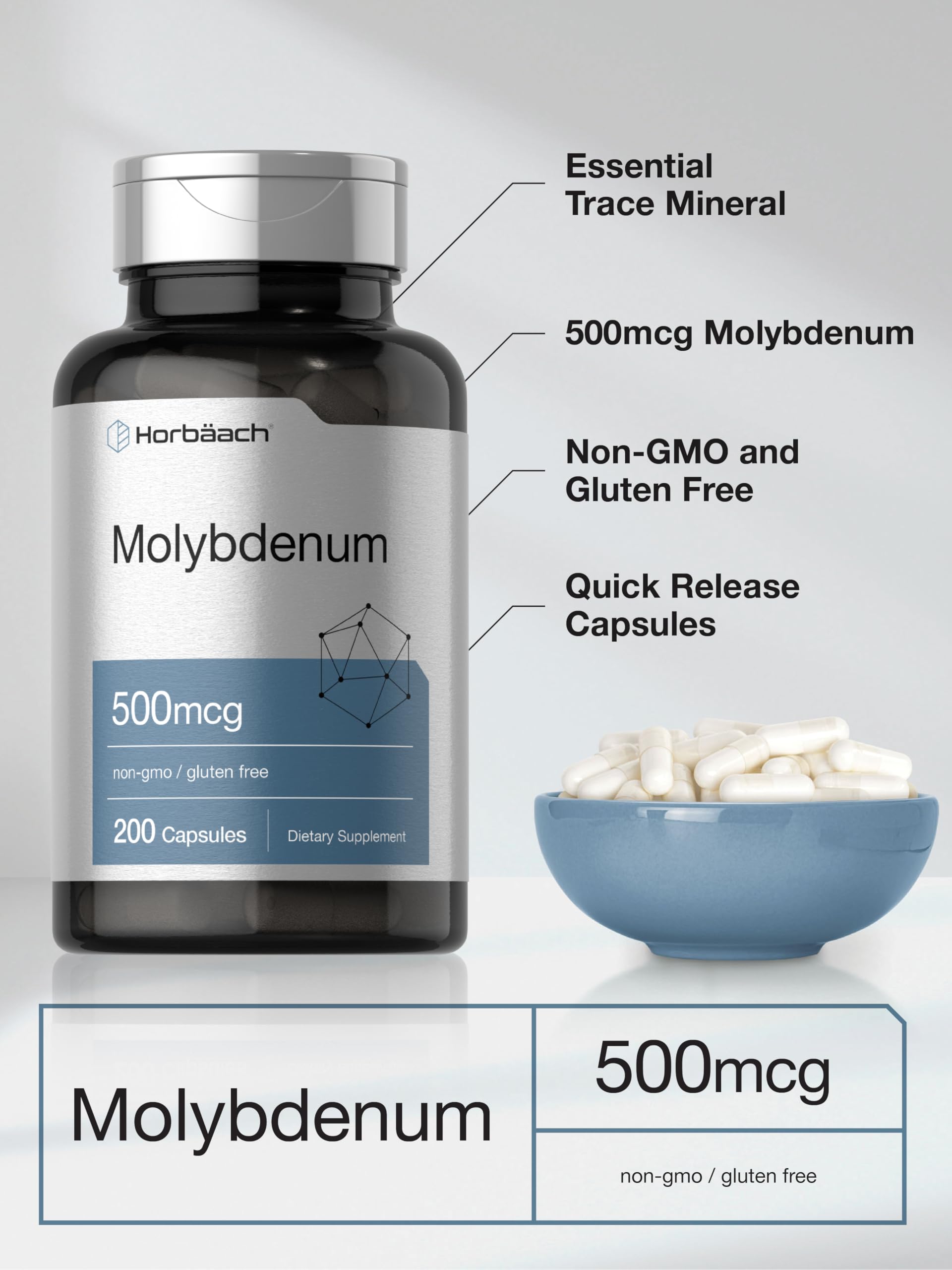 Horbaach Molybdenum Supplement | 500mcg | 200 Capsules | Amino Acid Chelate | Non-GMO, Gluten Free