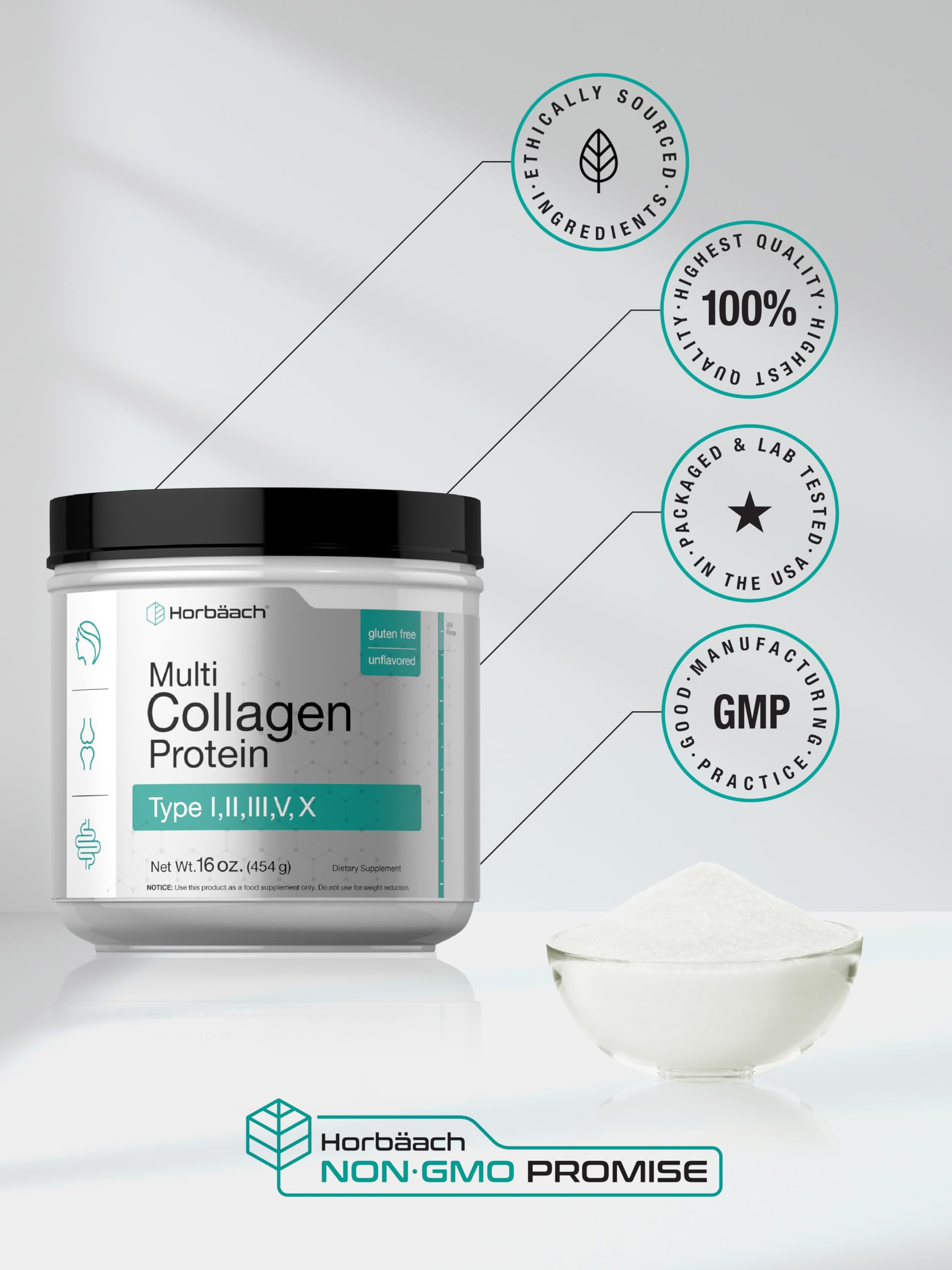 Horbäach Multi Collagen Protein Powder 16 oz | Type I–X | Unflavored | Non-GMO, Gluten Free