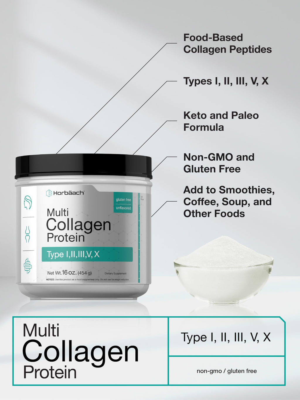 Horbäach Multi Collagen Protein Powder 16 oz | Type I–X | Unflavored | Non-GMO, Gluten Free