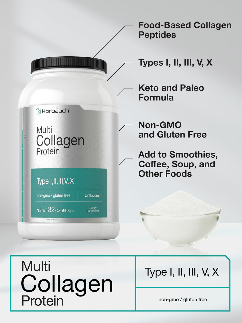 Horbaach Multi Collagen Protein Powder 32 oz | Types I-V-X, Unflavored, Gluten Free