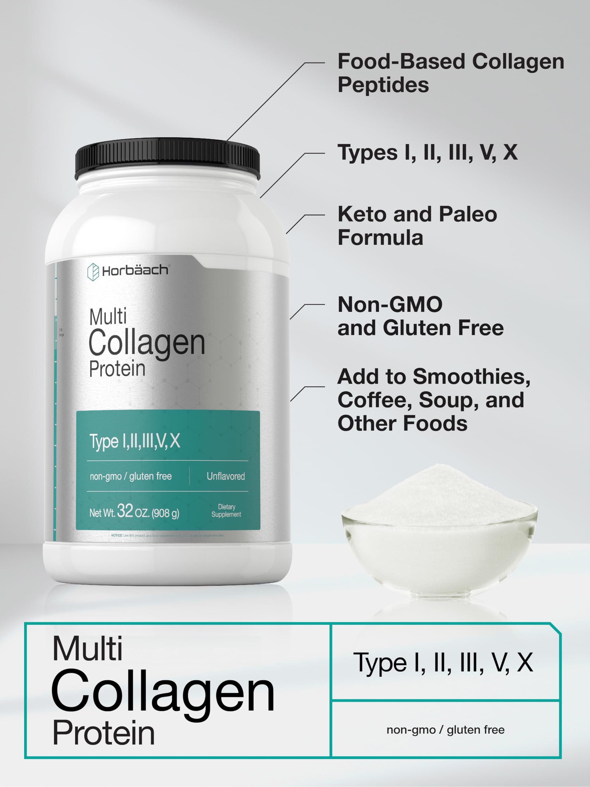 Horbaach Multi Collagen Protein Powder 32 oz | Types I-V-X, Unflavored, Gluten Free