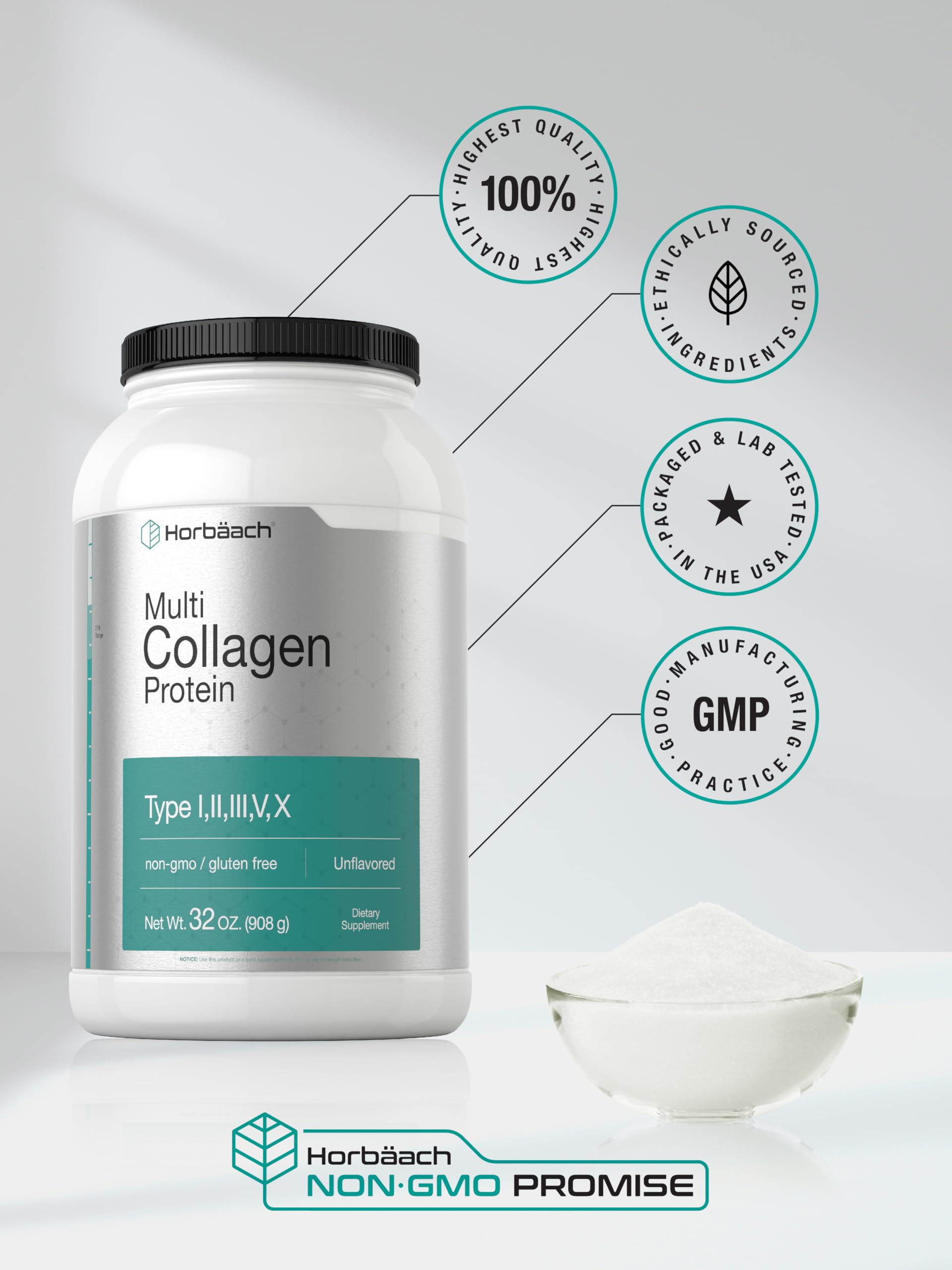 Horbaach Multi Collagen Protein Powder 32 oz | Types I-V-X, Unflavored, Gluten Free