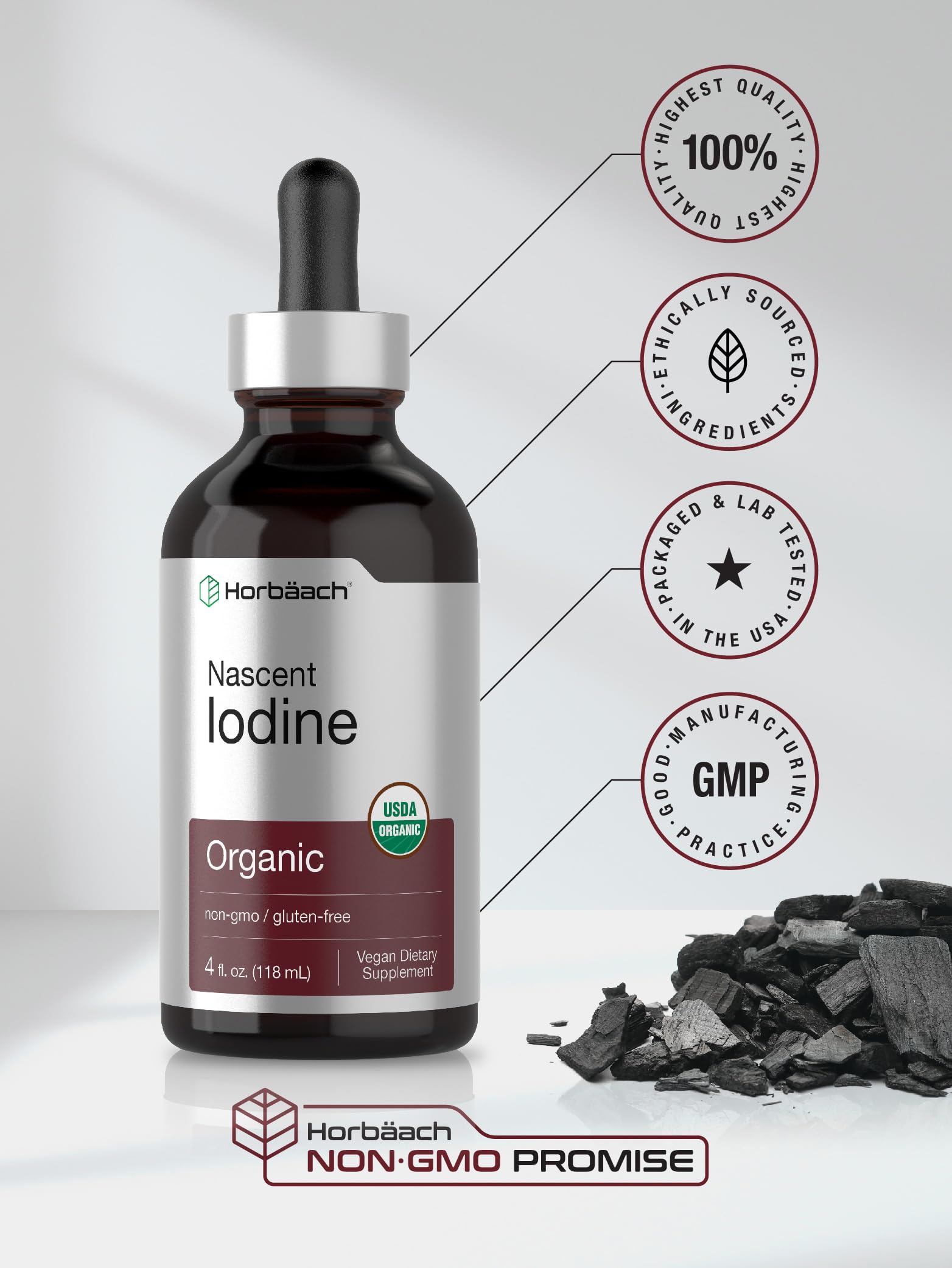 Horbaach Nascent Iodine Drops - 4 Fl Oz Organic Liquid Tincture, Potassium Iodide | Vegan, Non-GMO, Gluten Free
