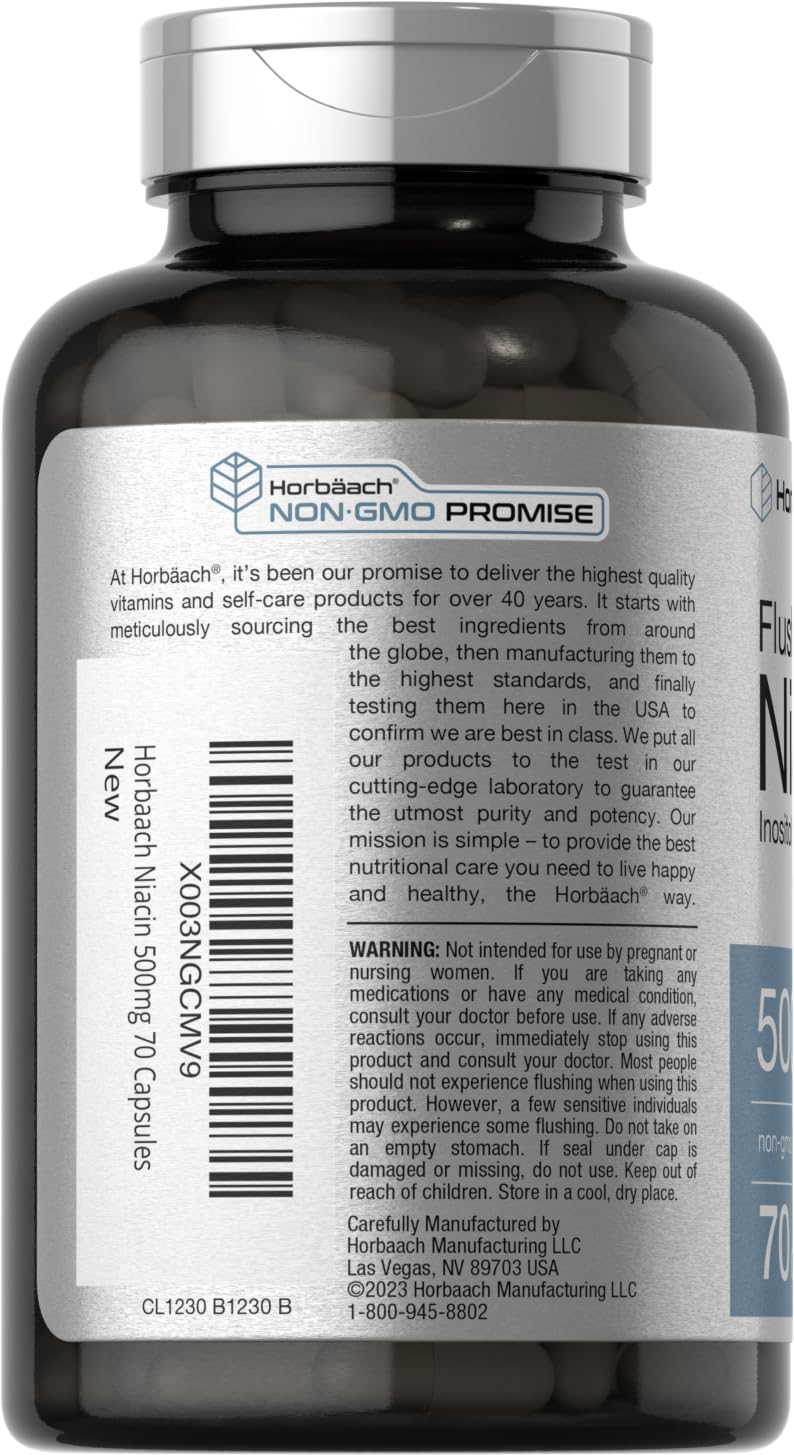 Horbaach Niacin 500mg – 70 Capsules – Flush Free (Inositol Hexanicotinate) – Non-GMO & Gluten Free