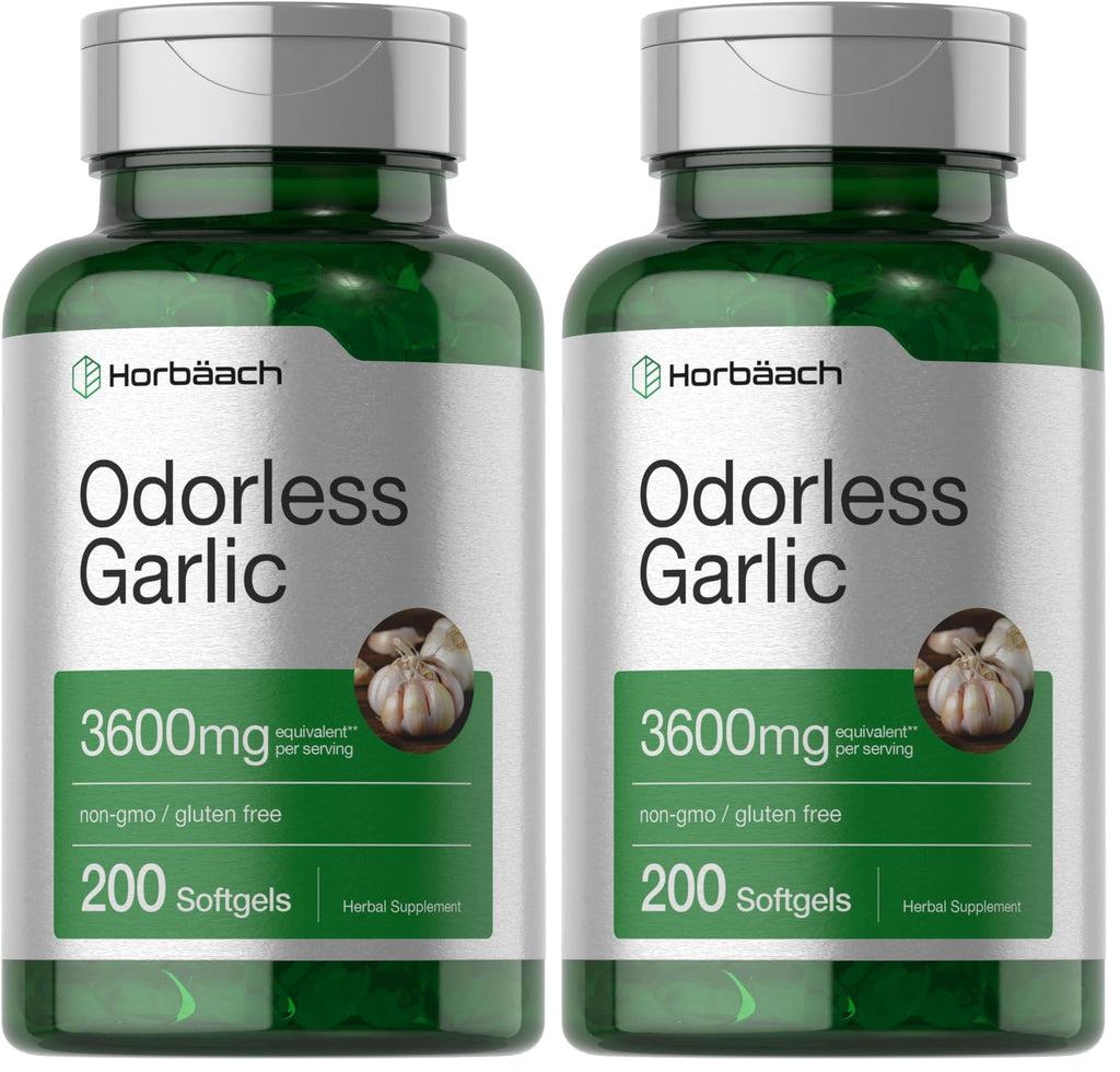 Horbäach Odorless Garlic Softgels 3600 mg | 200 Count | Non-GMO & Gluten Free (Pack of 2)