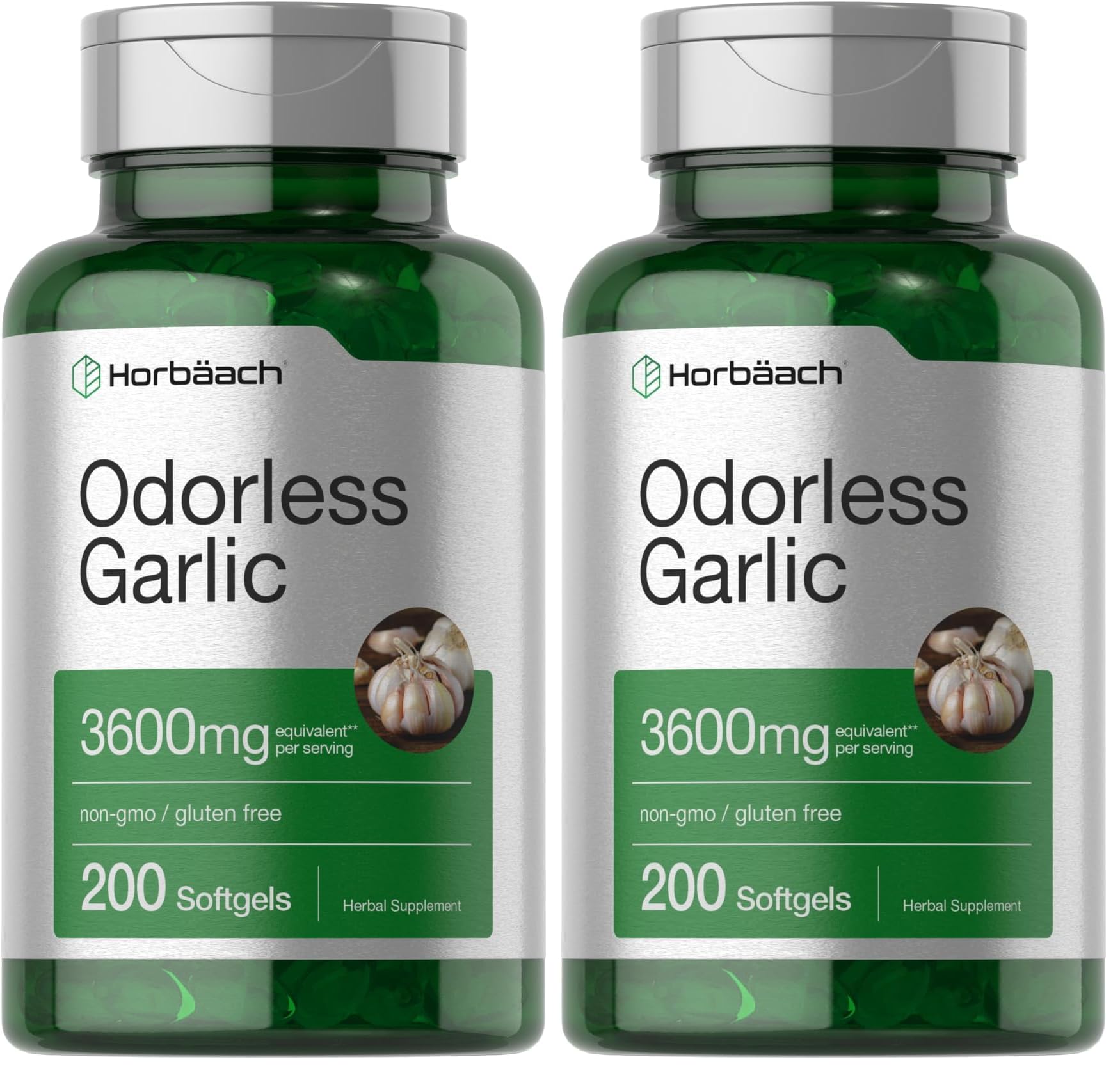 Horbäach Odorless Garlic Softgels 3600 mg | 200 Count | Non-GMO & Gluten Free (Pack of 2)