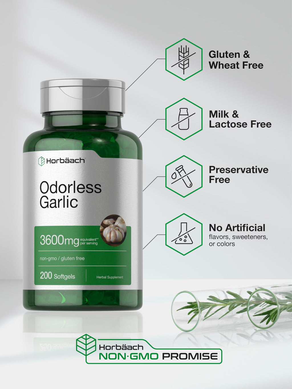 Horbäach Odorless Garlic Softgels 3600 mg | 200 Count | Non-GMO & Gluten Free (Pack of 2)