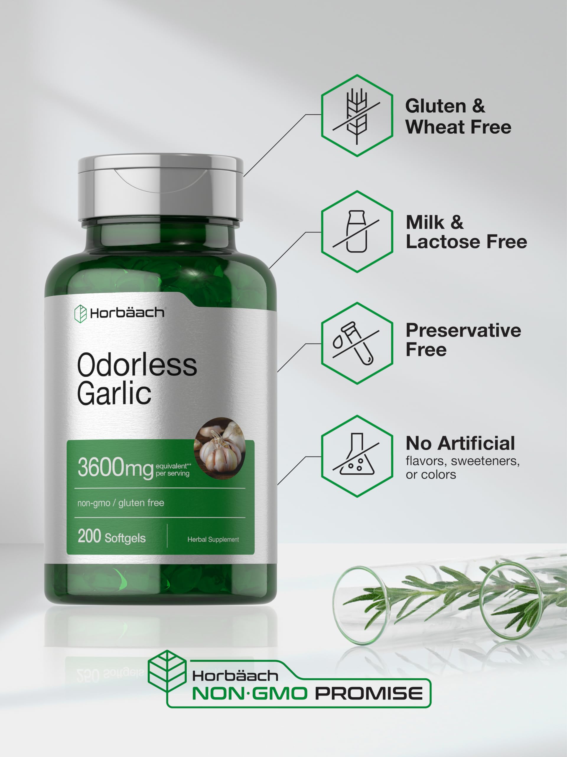 Horbäach Odorless Garlic Softgels 3600 mg - 200 Count - Ultra Potent Garlic Extract - Non-GMO & Gluten Free