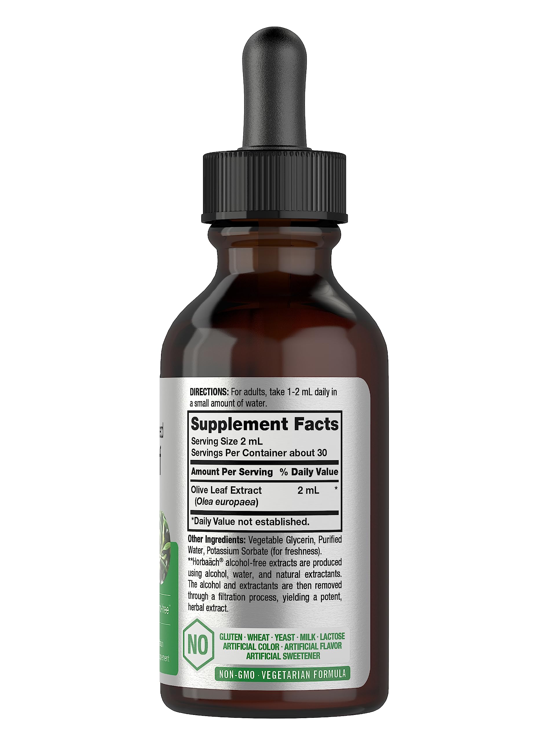 Horbäach Olive Leaf Extract Liquid - 2 fl oz | Super Strength | Alcohol Free, Vegetarian, Non-GMO, Gluten Free