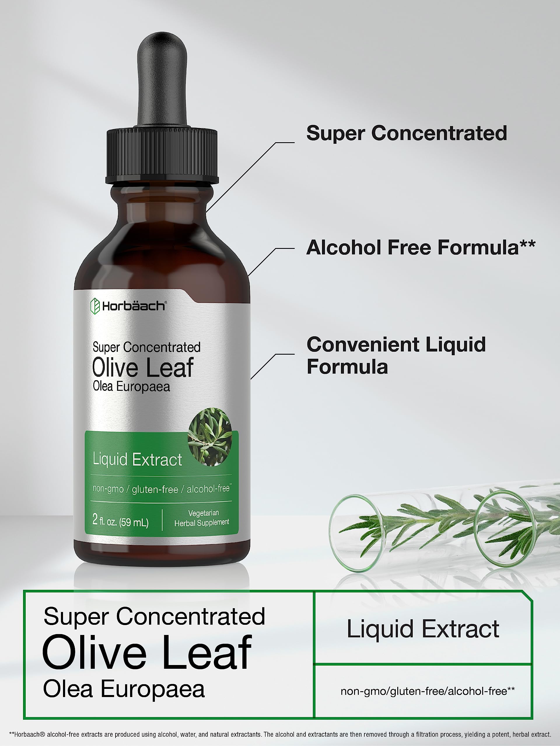 Horbäach Olive Leaf Extract Liquid - 2 fl oz | Super Strength | Alcohol Free, Vegetarian, Non-GMO, Gluten Free