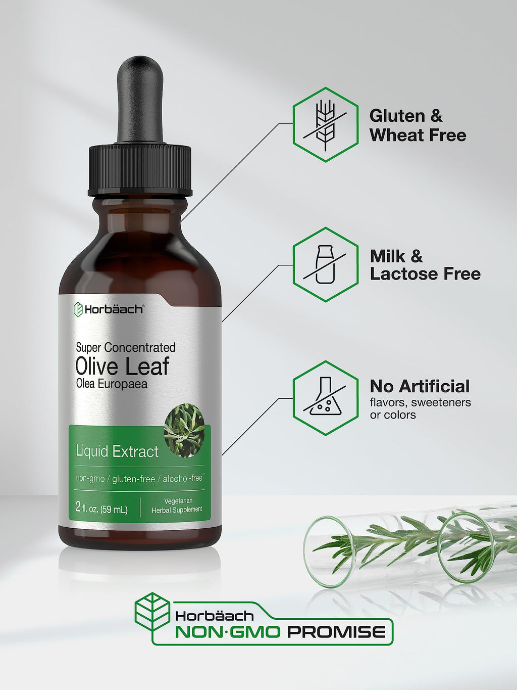 Horbäach Olive Leaf Extract Liquid - 2 fl oz | Super Strength | Alcohol Free, Vegetarian, Non-GMO, Gluten Free
