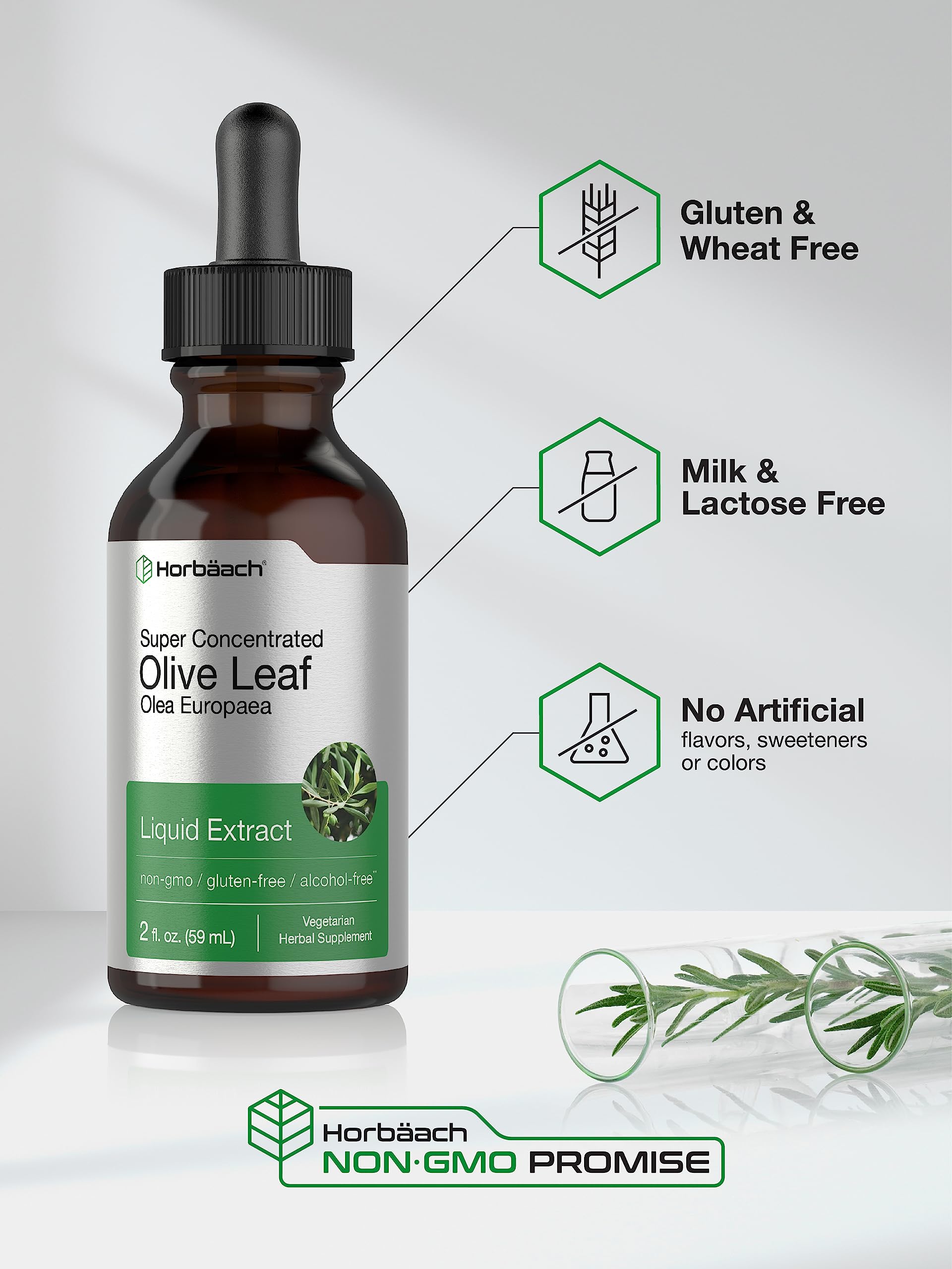 Horbäach Olive Leaf Extract Liquid - 2 fl oz | Super Strength | Alcohol Free, Vegetarian, Non-GMO, Gluten Free