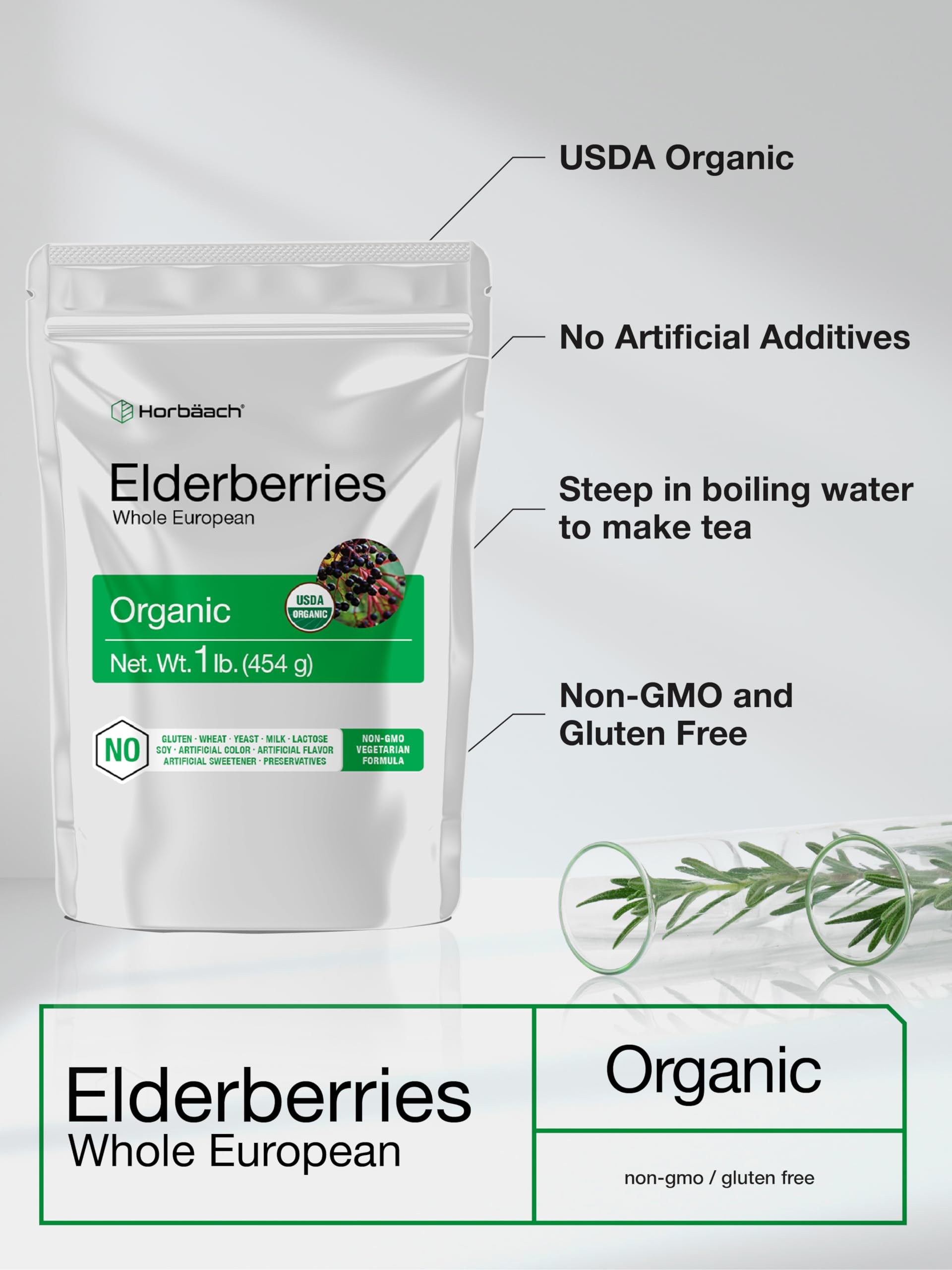 Horbaach Organic Dried Elderberries – 1 lb Bulk Bag | Sambucus Nigra | Non-GMO, Gluten Free
