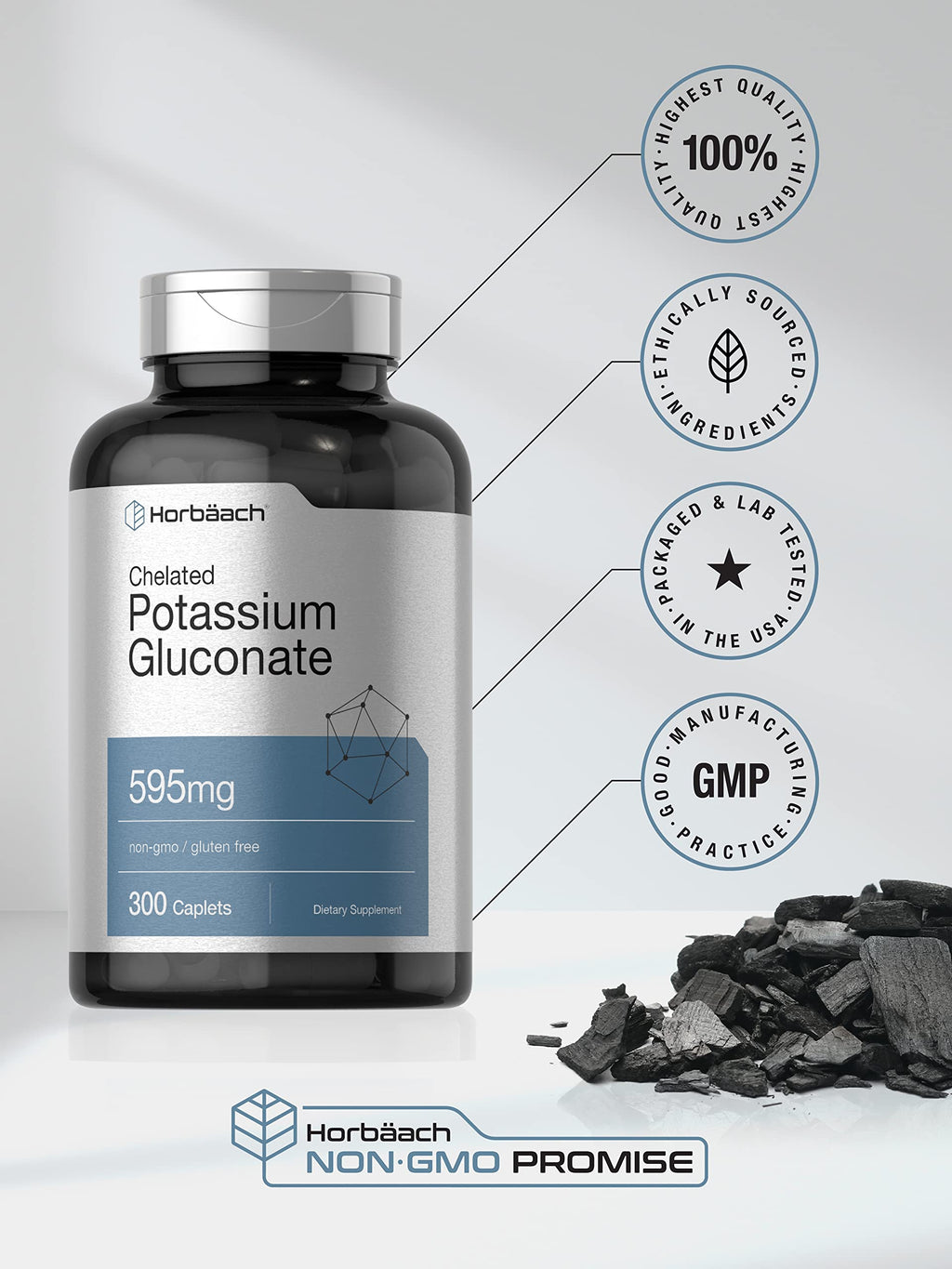 Horbäach Chelated Potassium Gluconate Supplement | 595 mg | 300 Caplets | Vegetarian, Non-GMO, Gluten Free