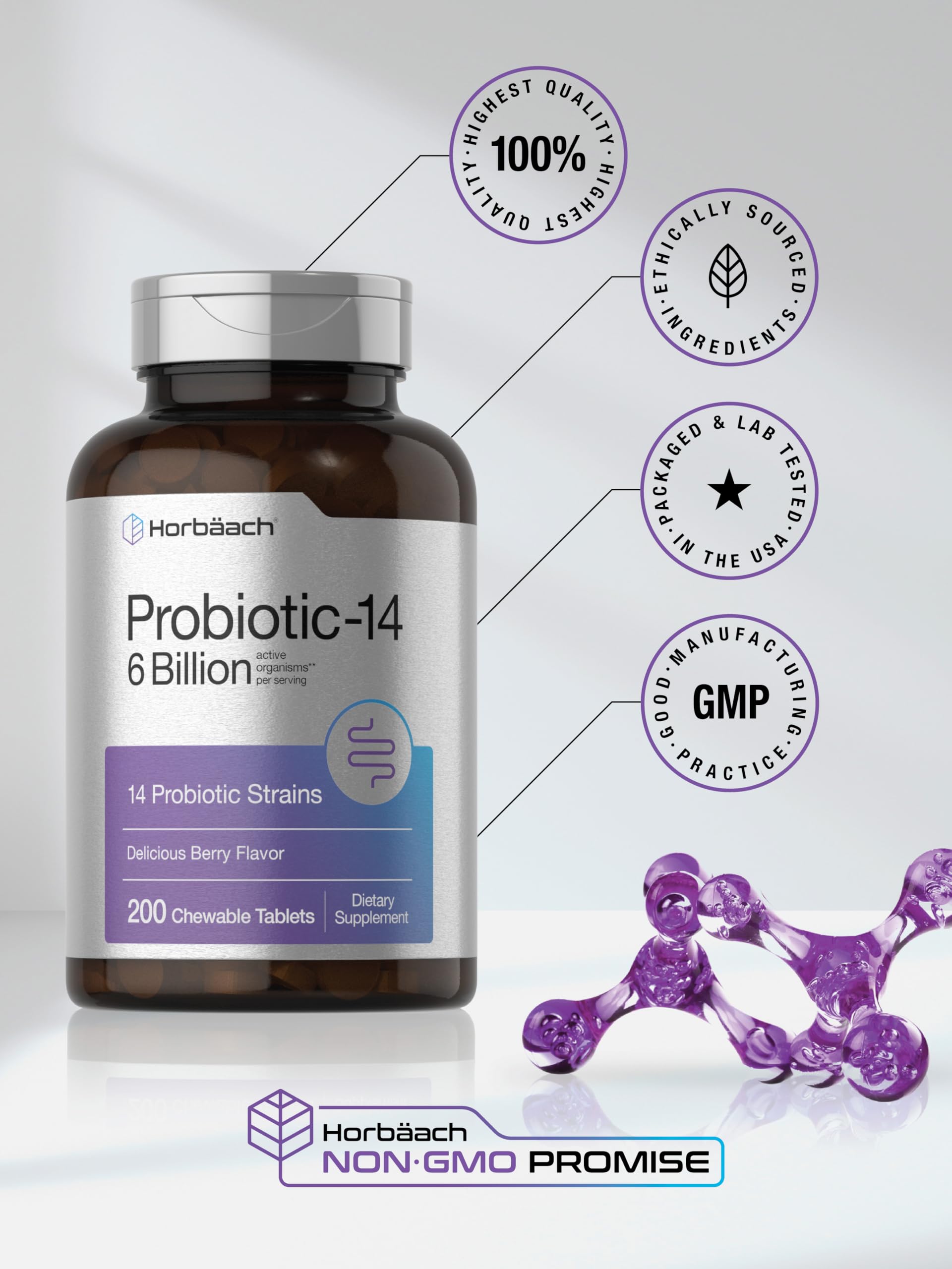 Horbäach Probiotics 6 Billion CFUs - 200 Chewables, Berry Flavor, 14 Strains