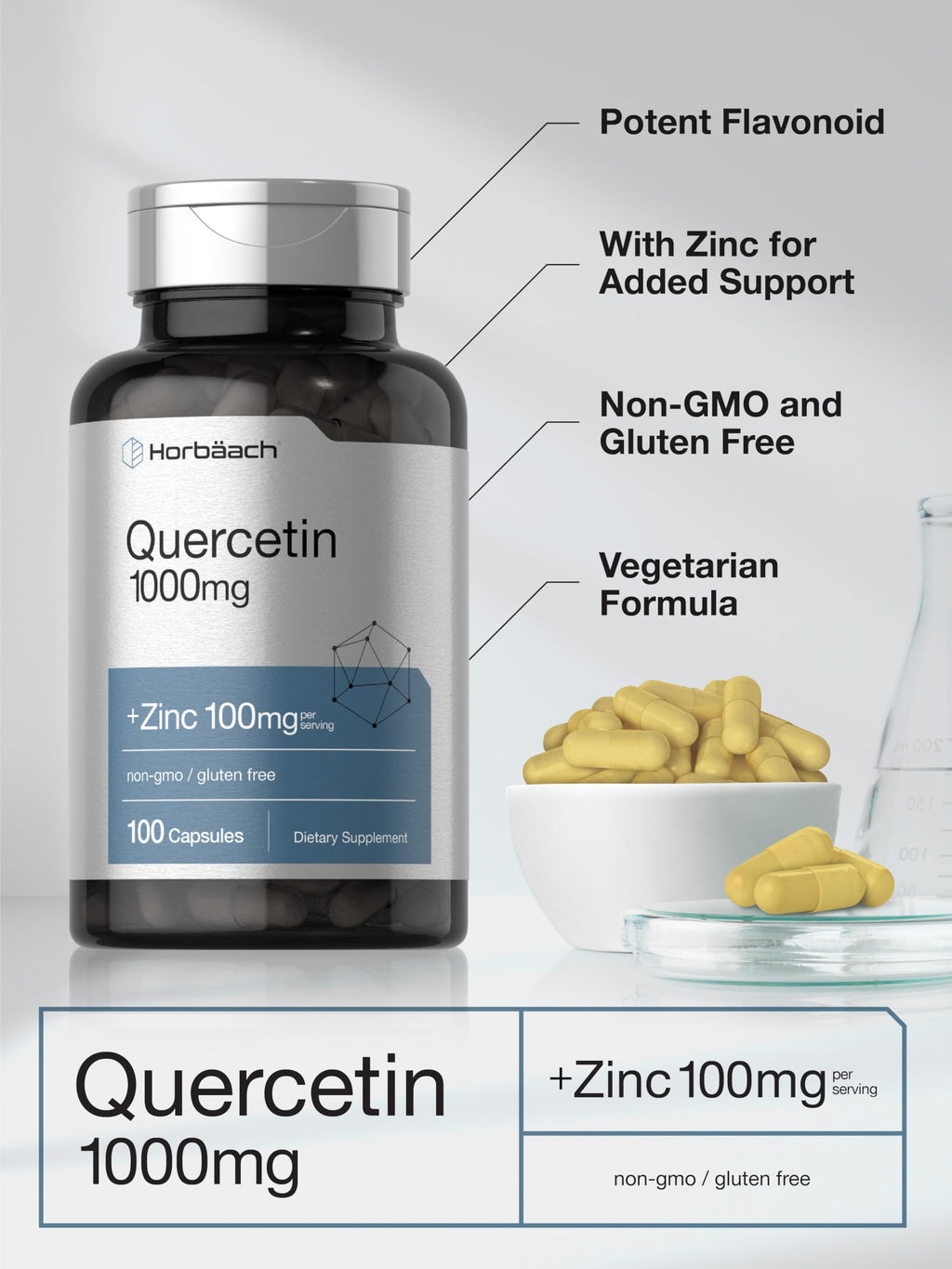 Horbäach Quercetin 1000mg Capsules with Zinc | 100 Count | Non-GMO, Gluten Free