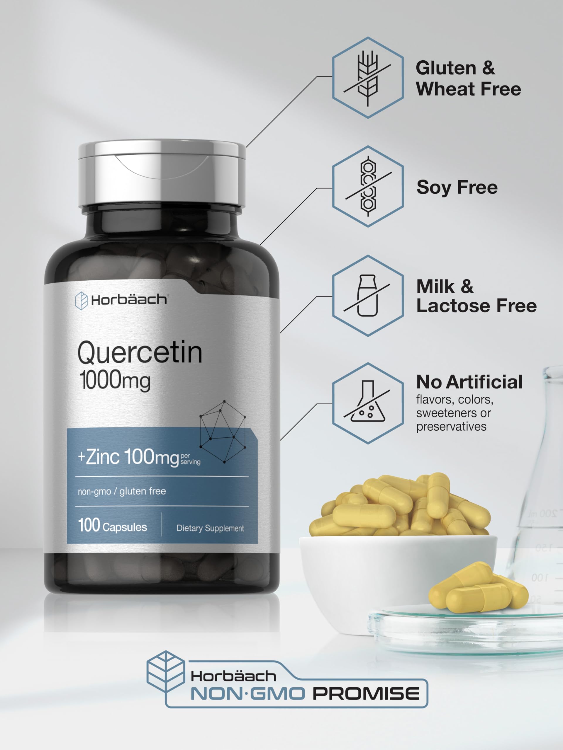 Horbäach Quercetin 1000mg Capsules with Zinc | 100 Count | Non-GMO, Gluten Free