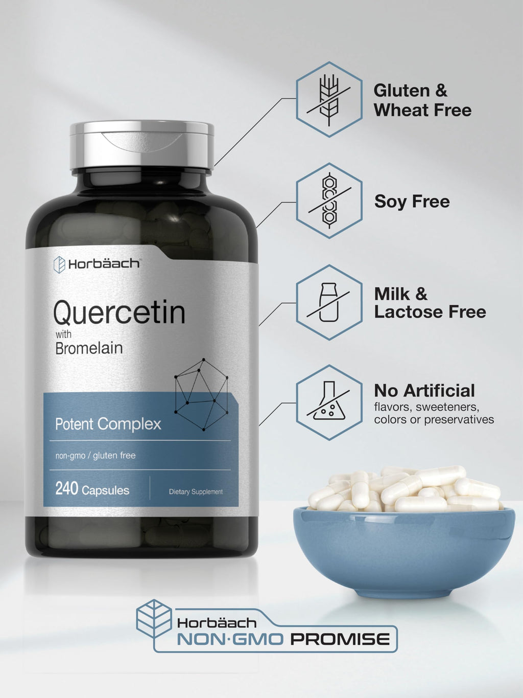 Horbäach Quercetin with Bromelain - 240 Capsules | Non-GMO, Gluten Free