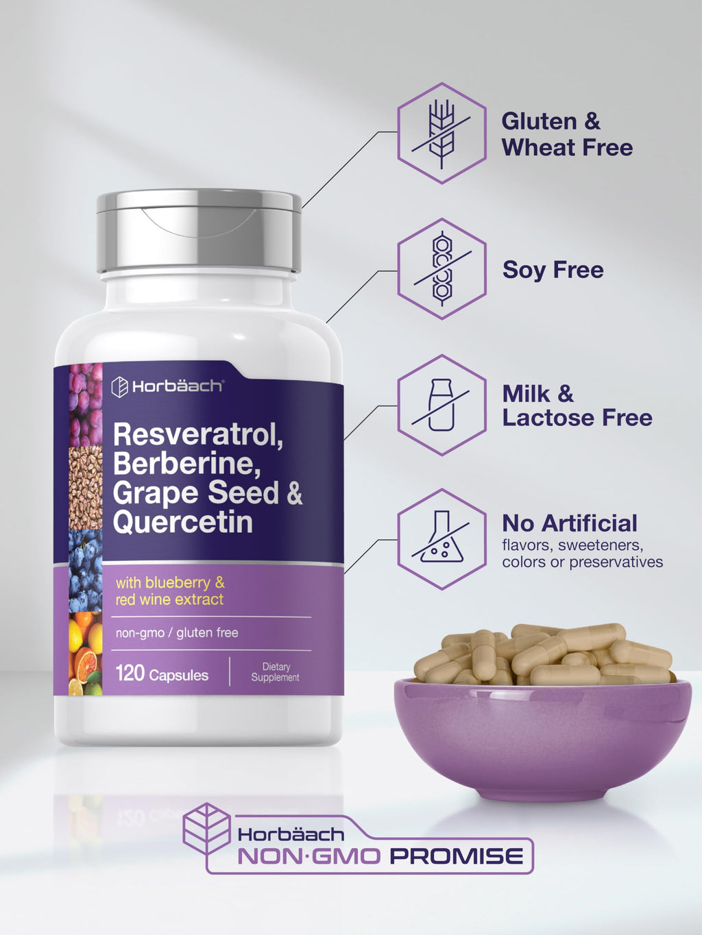 Horbäach Resveratrol Berberine Grape Seed & Quercetin – 120 Capsules | Non-GMO, Gluten Free