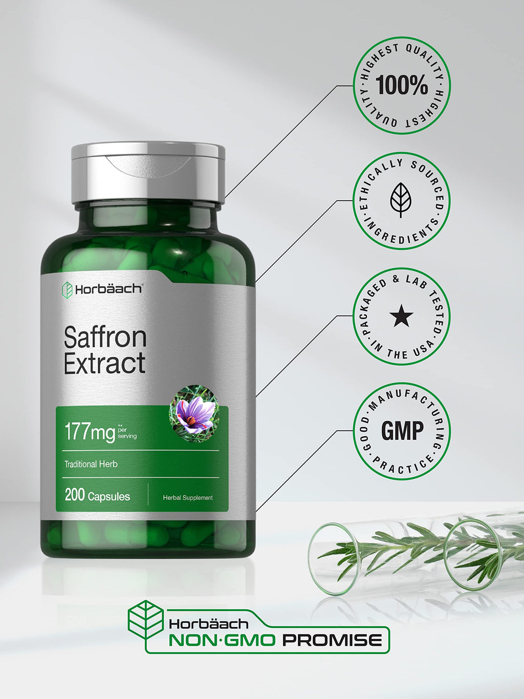 Horbäach Saffron Extract Supplement – 177 mg, 200 Capsules – Non-GMO, Gluten Free
