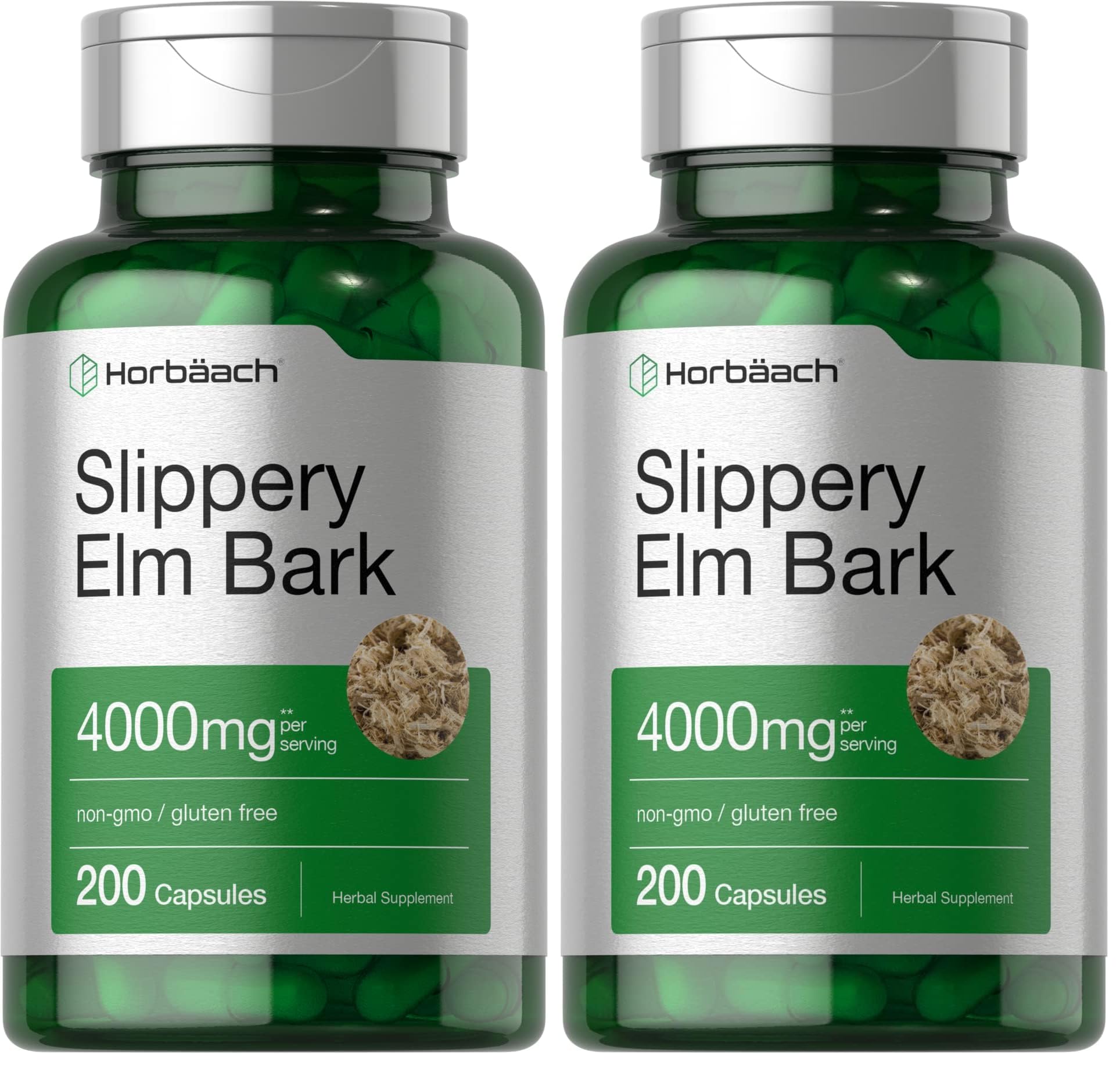 Horbäach Slippery Elm Bark Capsules | 200 Count | Non-GMO & Gluten Free (Pack of 2)