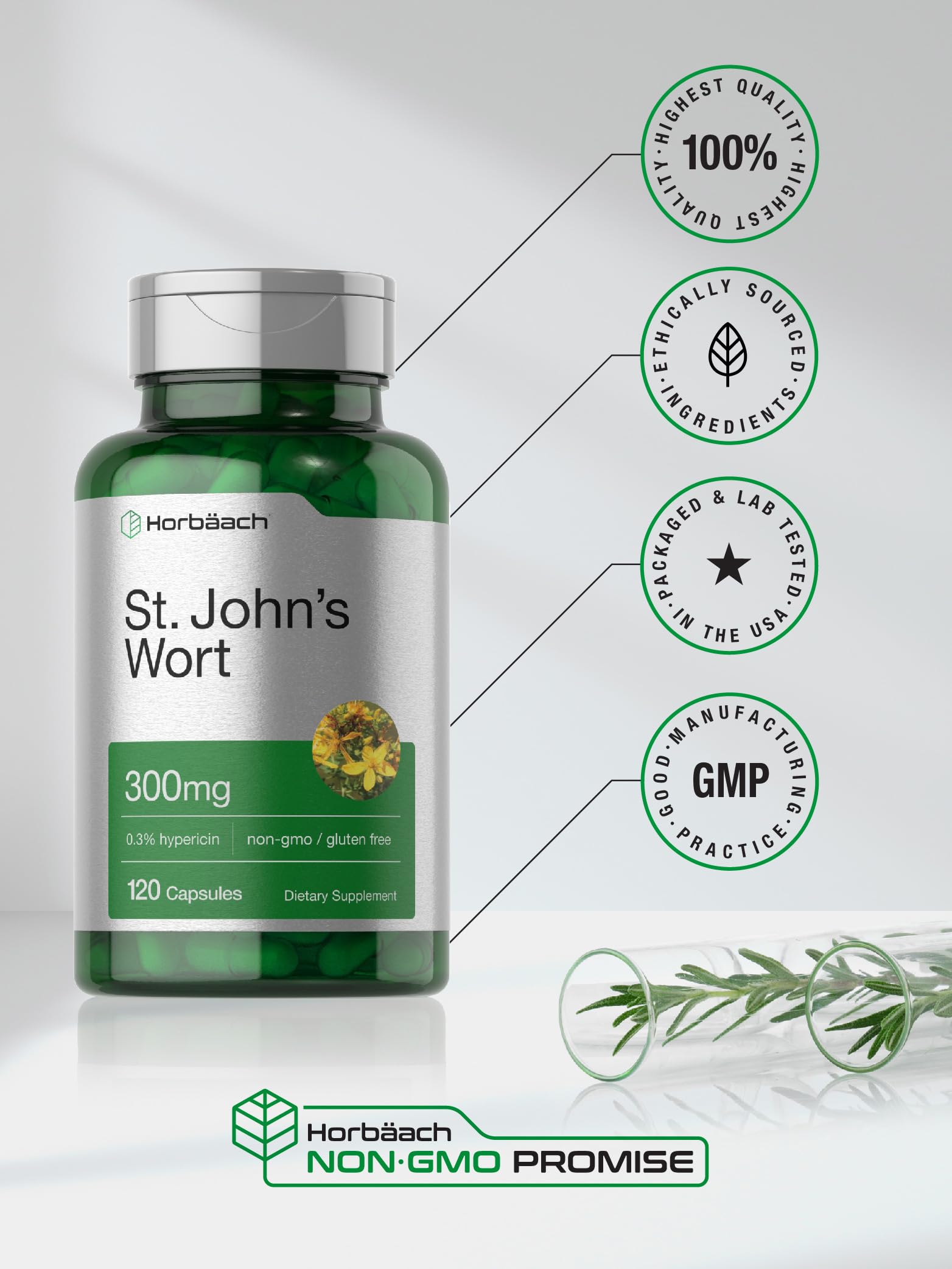 Horbäach St. John's Wort Capsules 300mg | 120 Count | Gluten Free & Non-GMO | Herbal Extract