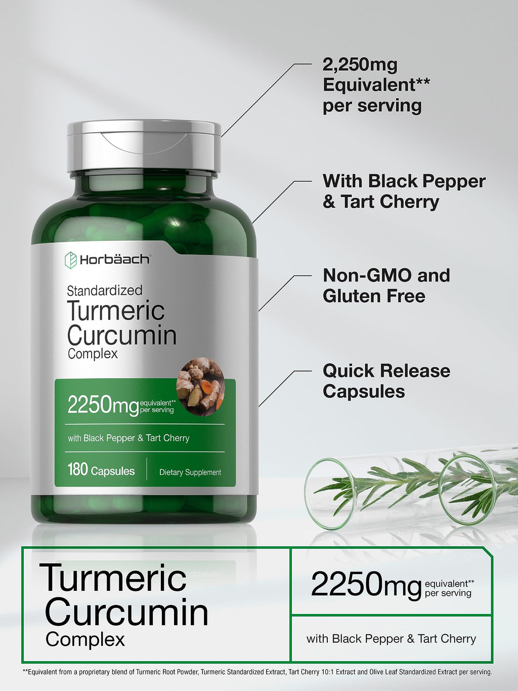 Horbäach Turmeric Curcumin 2250mg | 180 Capsules | Black Pepper & Tart Cherry | Non-GMO & Gluten Free (Pack of 2)