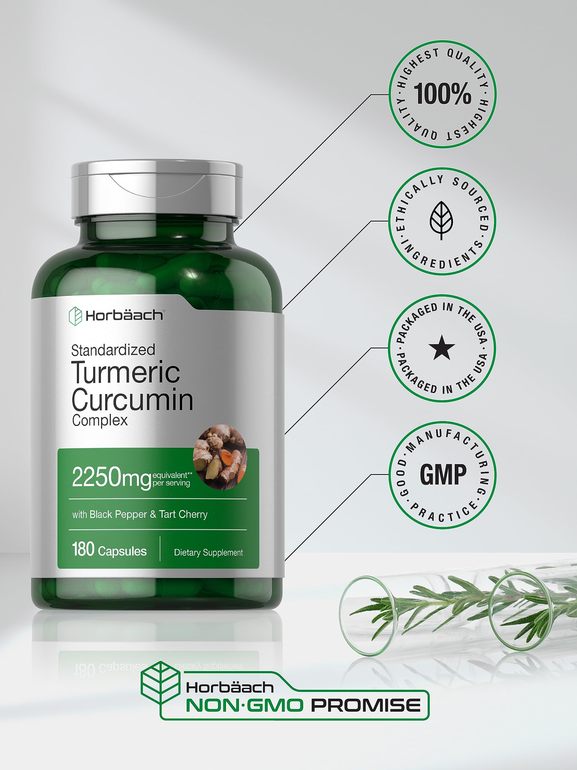 Horbäach Turmeric Curcumin 2250mg | 180 Capsules | Black Pepper & Tart Cherry | Non-GMO & Gluten Free (Pack of 2)