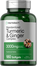 Horbäach Turmeric & Ginger Supplement 3000 mg | 180 Softgels | Black Pepper Extract | Non-GMO, Gluten Free