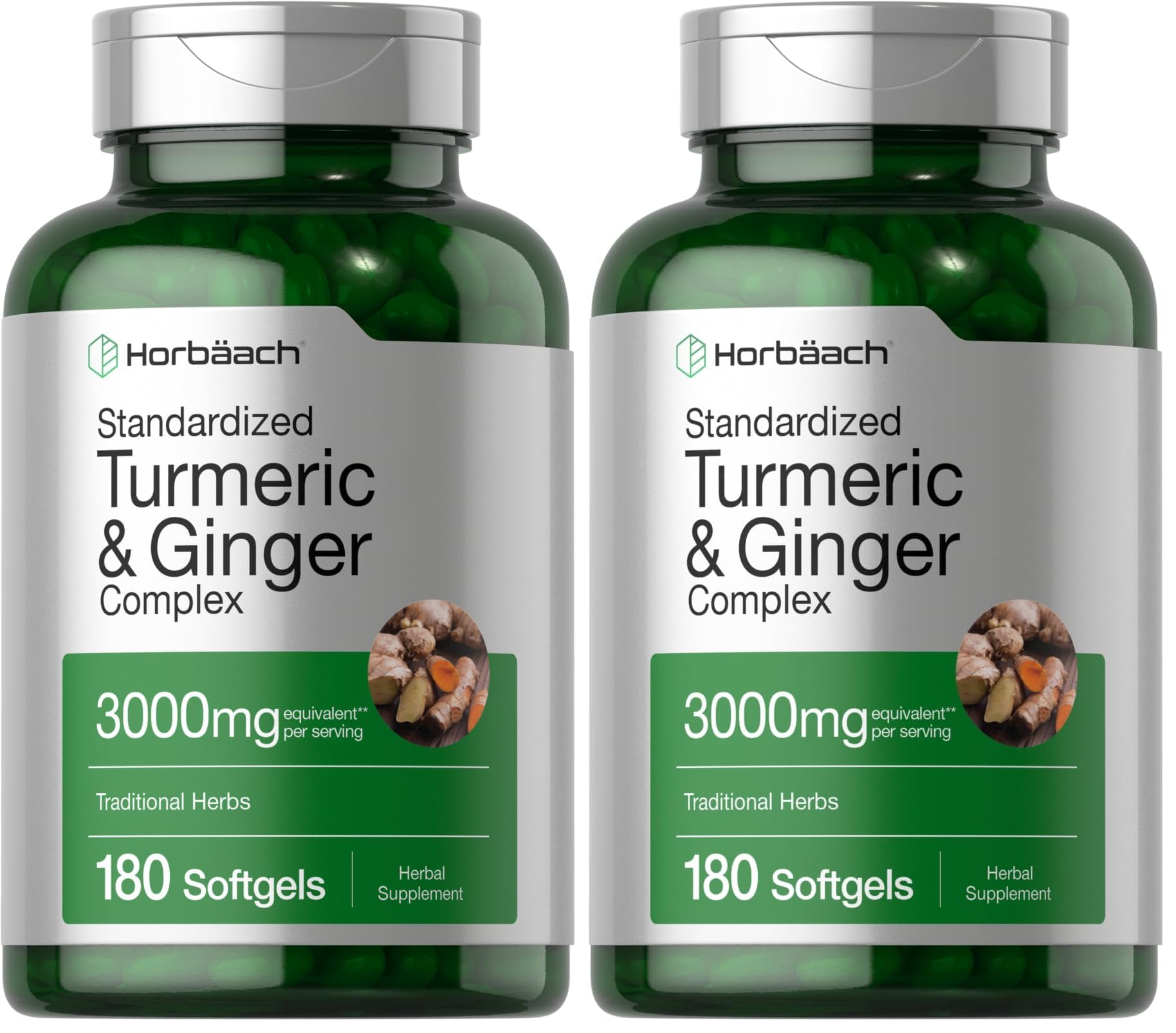 Horbäach Turmeric & Ginger 3000 mg Softgels (180) - Black Pepper - Non-GMO (Pack of 2)
