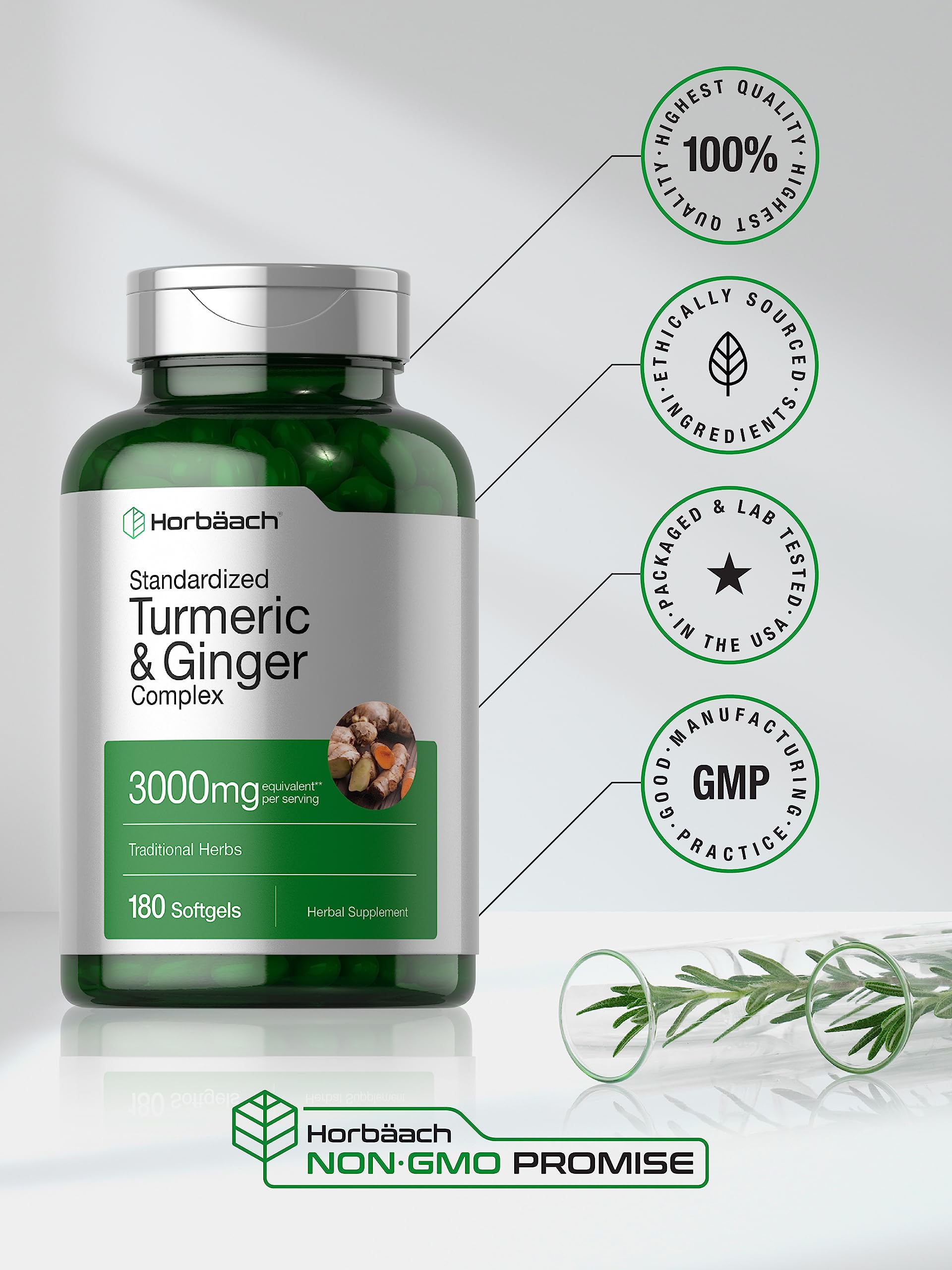 Horbäach Turmeric & Ginger 3000 mg Softgels (180) - Black Pepper - Non-GMO (Pack of 2)