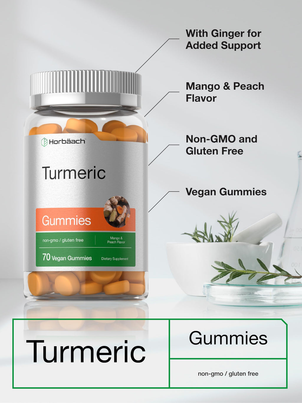 Horbäach Turmeric Gummies | 70 Count | Mango & Peach Flavor | Turmeric Curcumin with Ginger | Vegan Non-GMO & Gluten Free