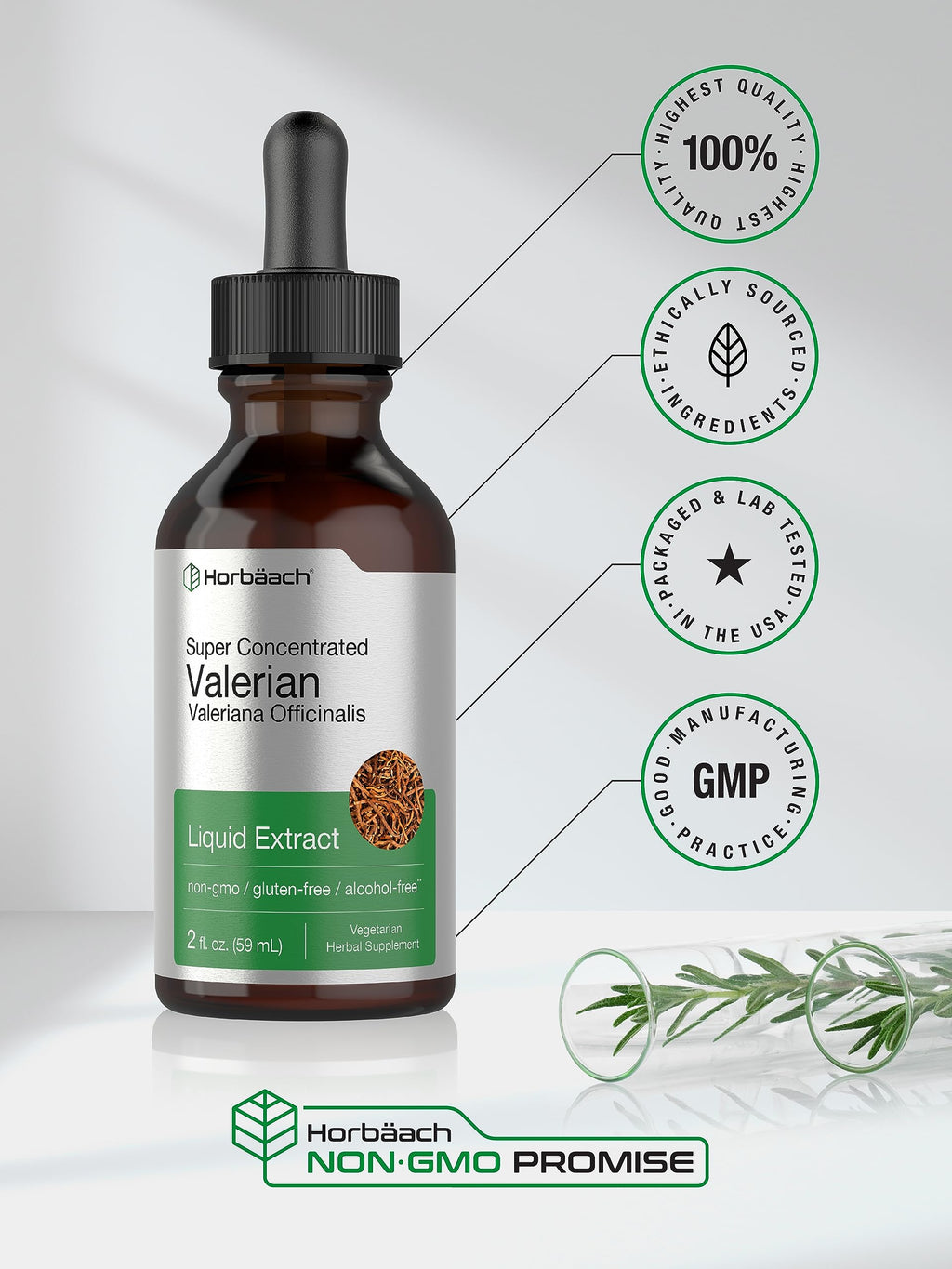 Horbäach Valerian Root Extract Drops – Alcohol Free, 2 fl oz, Super Concentrated