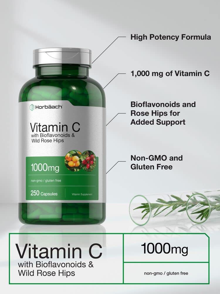 Horbäach Vitamin C 1000mg | 250 Capsules | Bioflavonoids & Rose Hips | Non-GMO Gluten Free