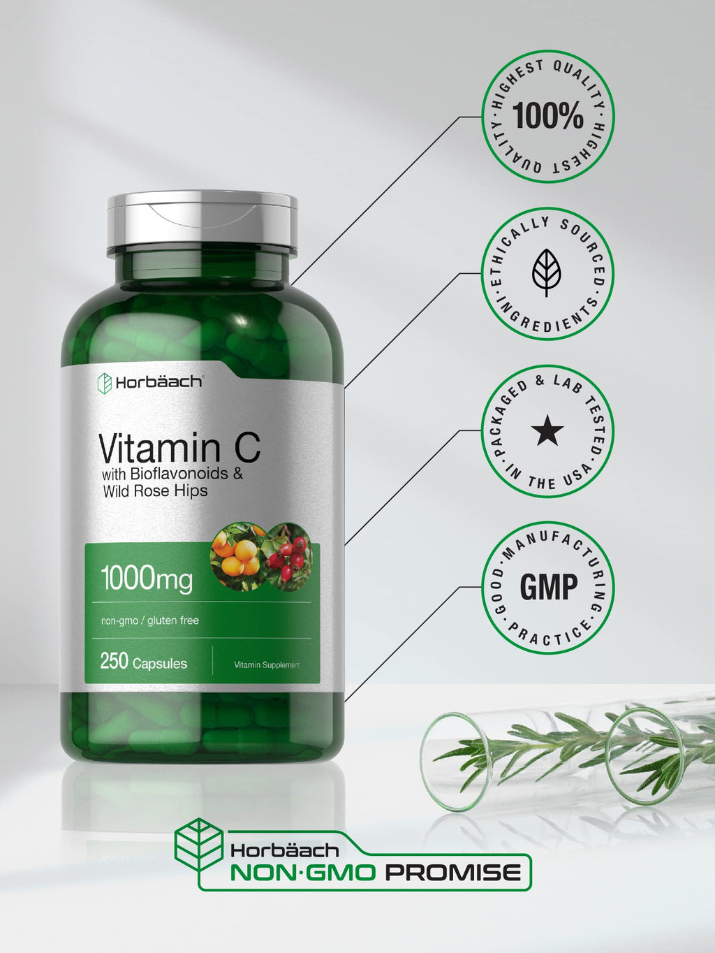Horbäach Vitamin C 1000mg | 250 Capsules | Bioflavonoids & Rose Hips | Non-GMO Gluten Free