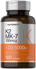 Horbäach Vitamin D3 K2 5000 IU | 100 mcg MK-7 | 180 Softgels | Non-GMO & Gluten Free