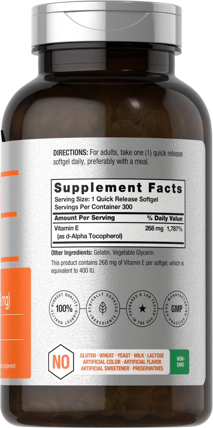 Horbäach Vitamin E Softgel Capsules | 400 IU (268 mg) | 300 Count | Non-GMO & Gluten Free | D-Alpha Tocopherol